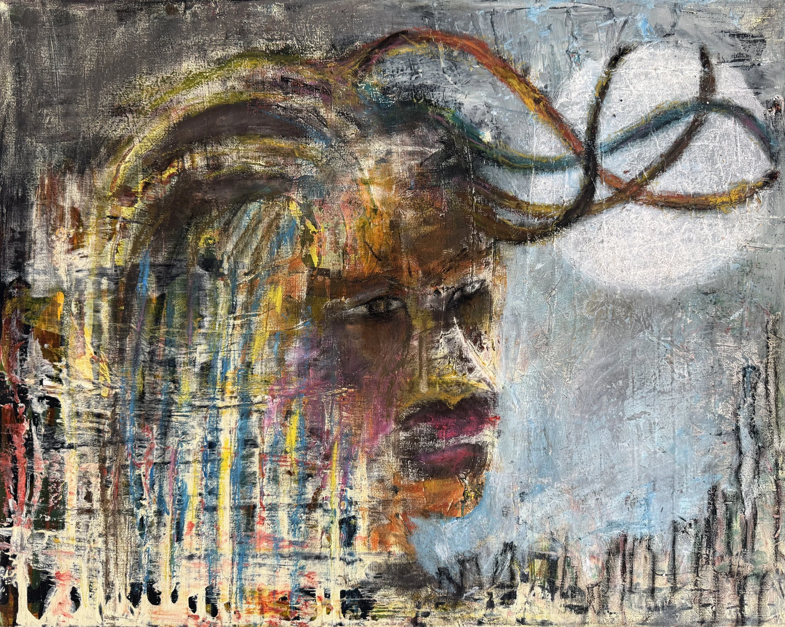"Giant In The City", 18in x 24in acrylic/mixed media on stretched canvas, 2025