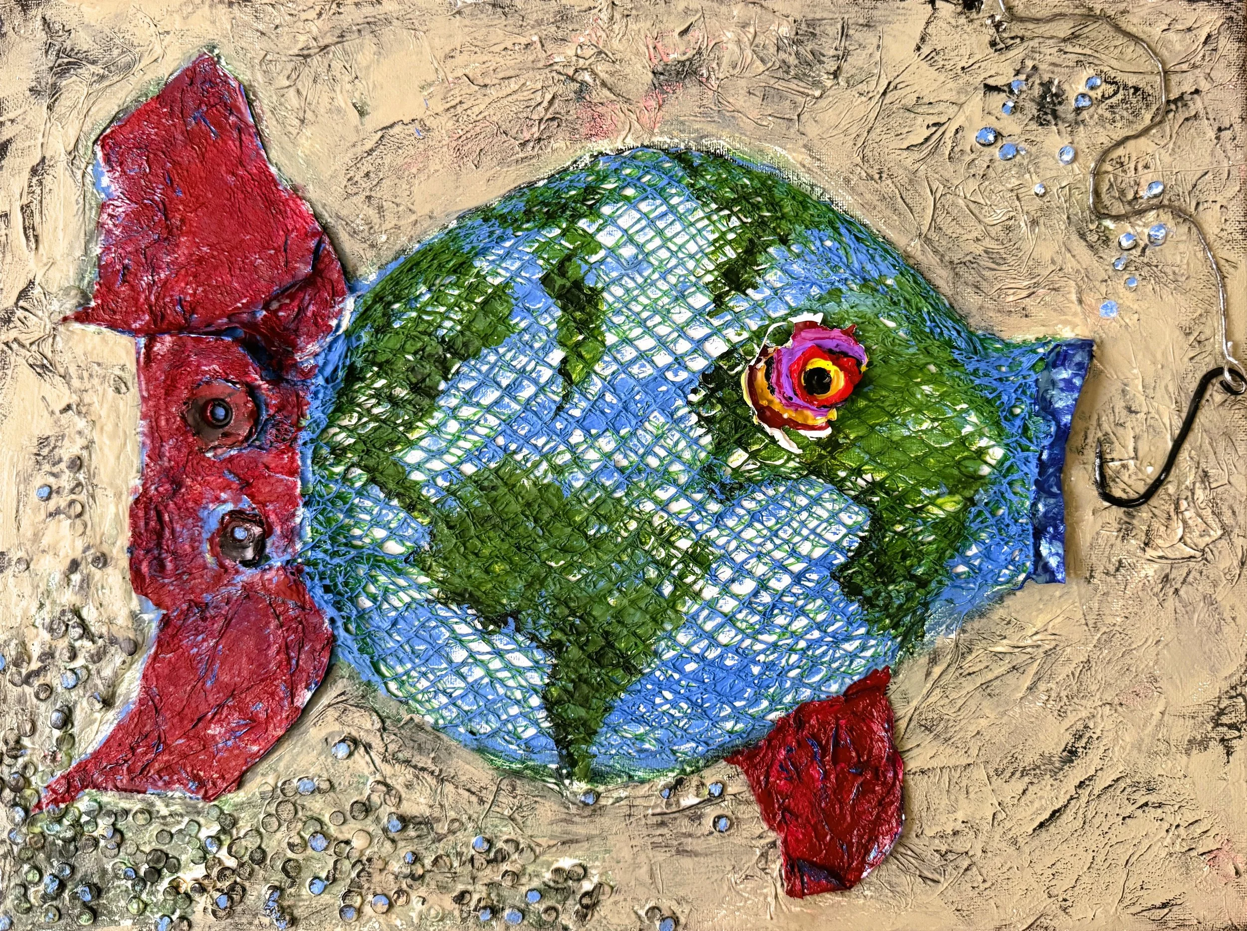 "Don't Take The Bait", 12in x 9in acrylic/mixed media on stretched canvas, 2025