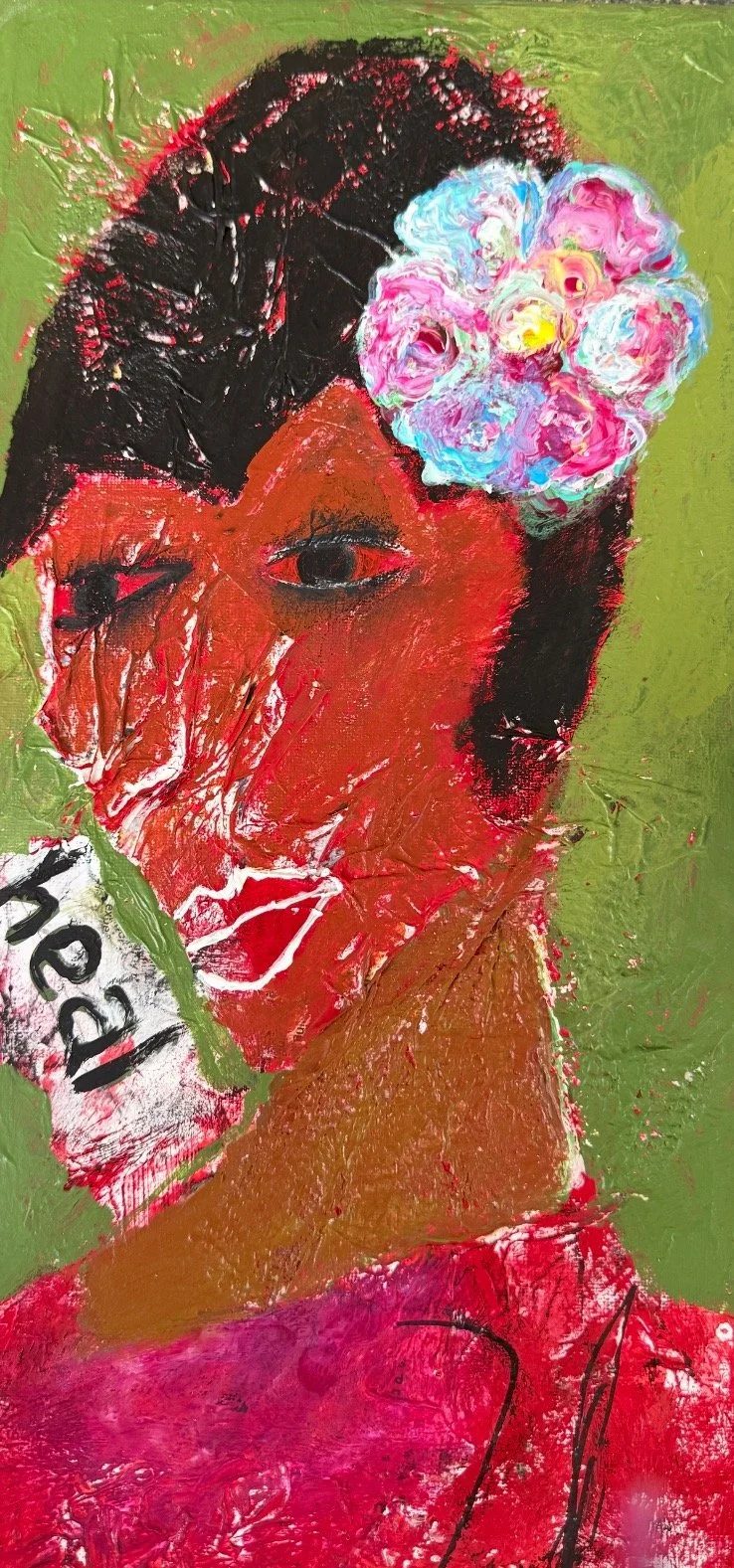 "Heal Red", 10in x 20in acrylic/mixed media on stretched canvas, 2025