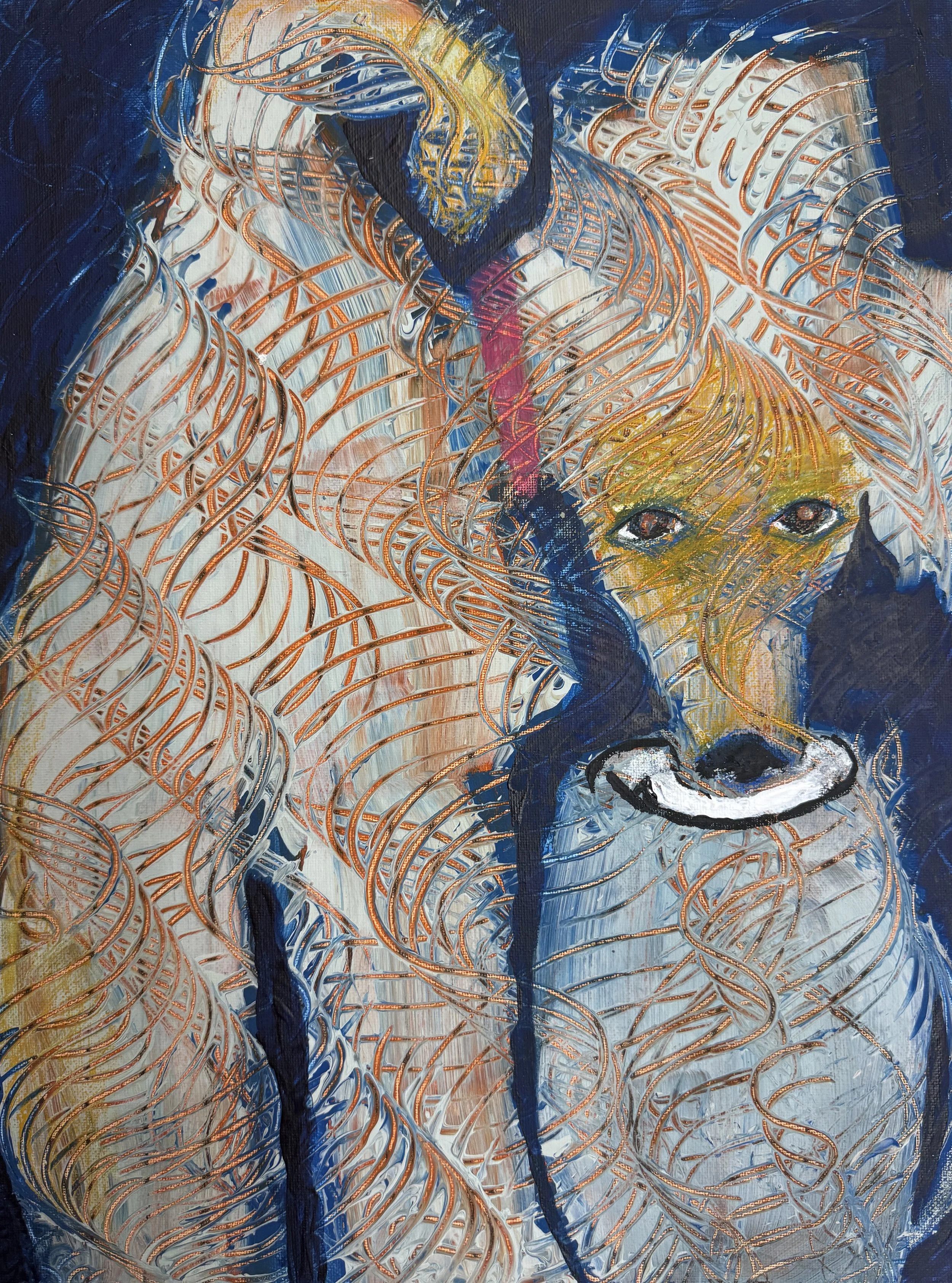 "Pup Cup", 9in x 12in acrylic/mixed media on stretched canvas, 2025