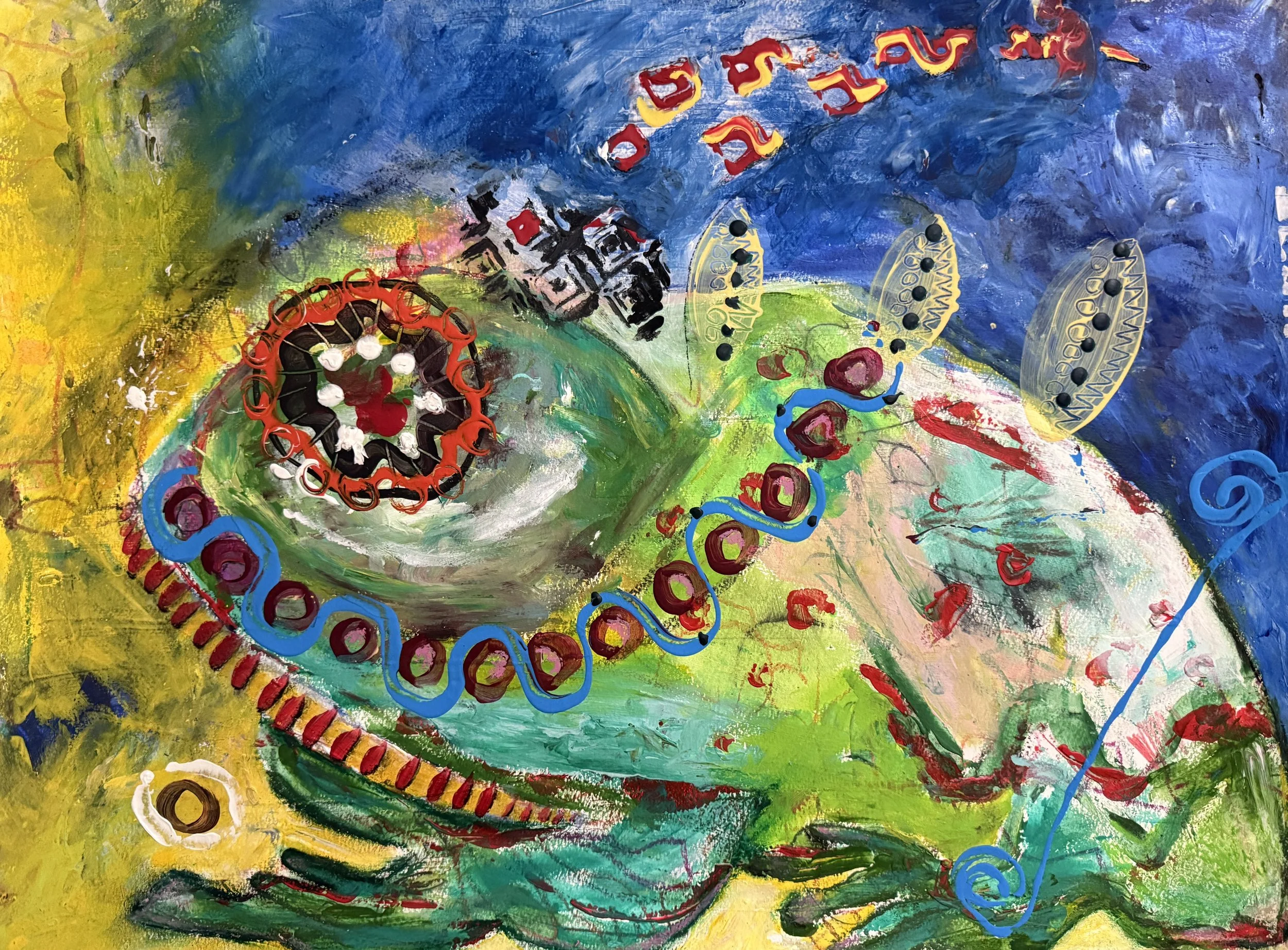 "Froggin' Around", 24in x 18in acrylic on 140lb W/C paper, 2024