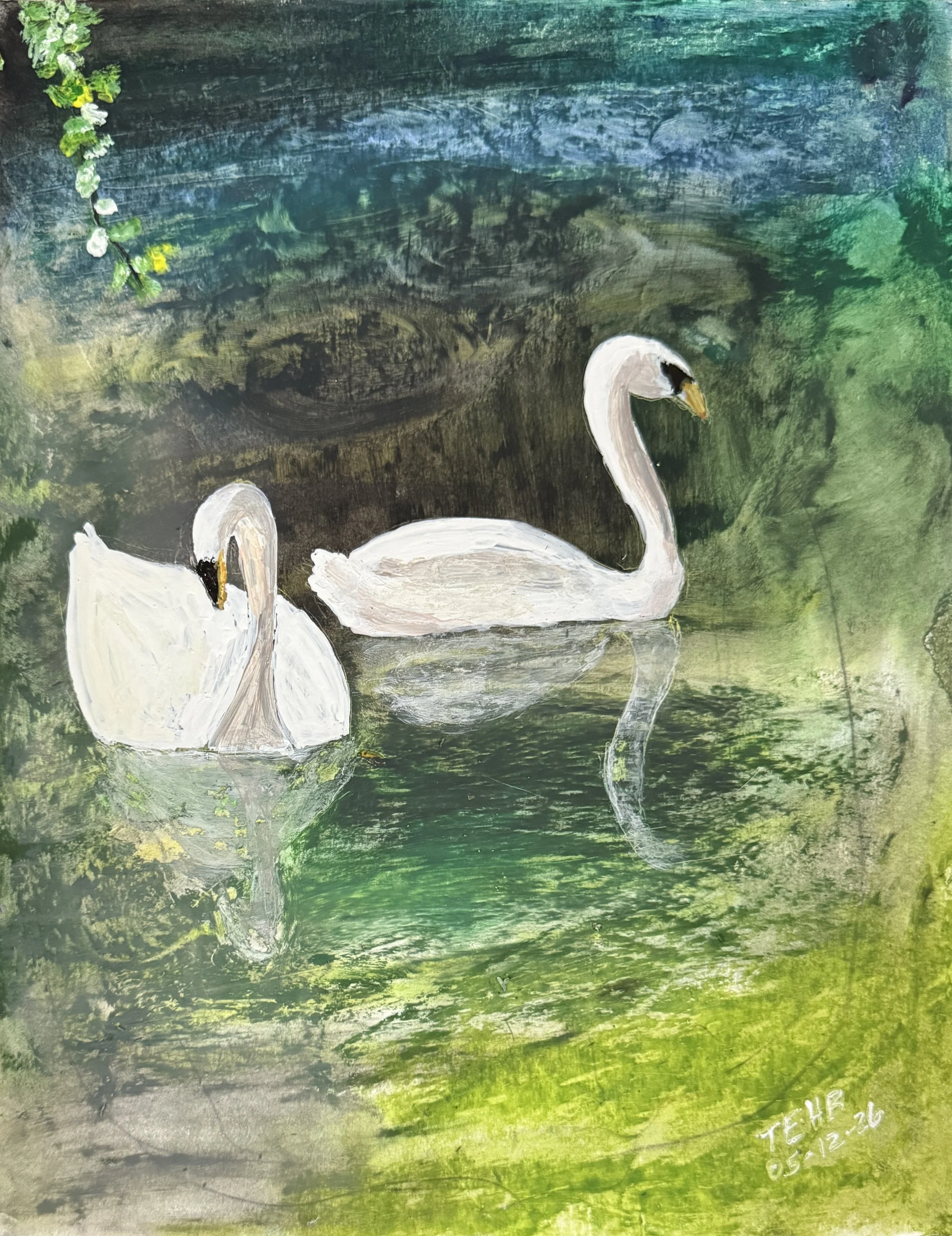 "Double Swans", 8in x 10in acrylic on 120lb W/C paper, 2026