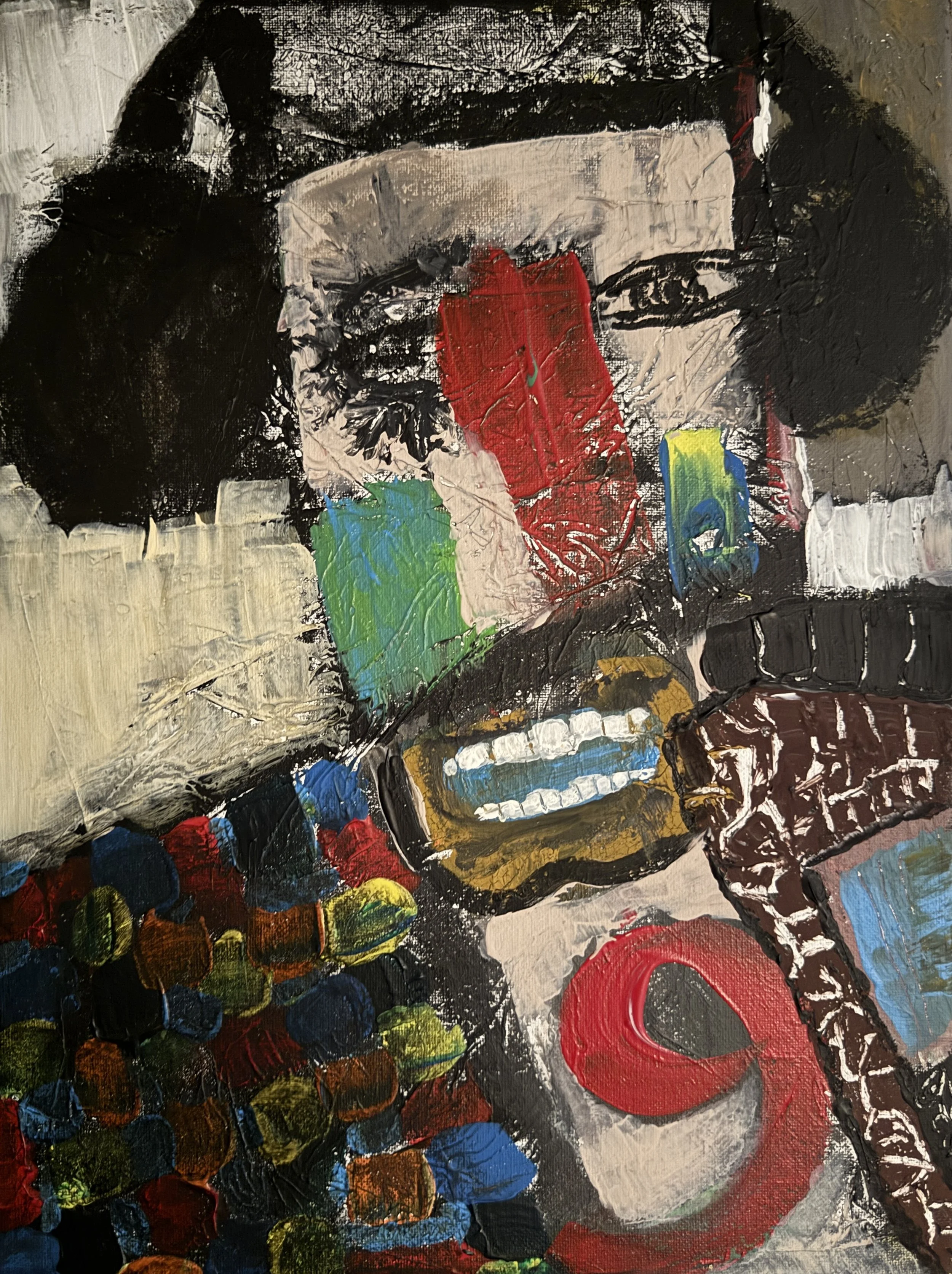 "Grandpa Loves His Bose", 9in x 12in acrylic/mixed media on stretched canvas, 2025