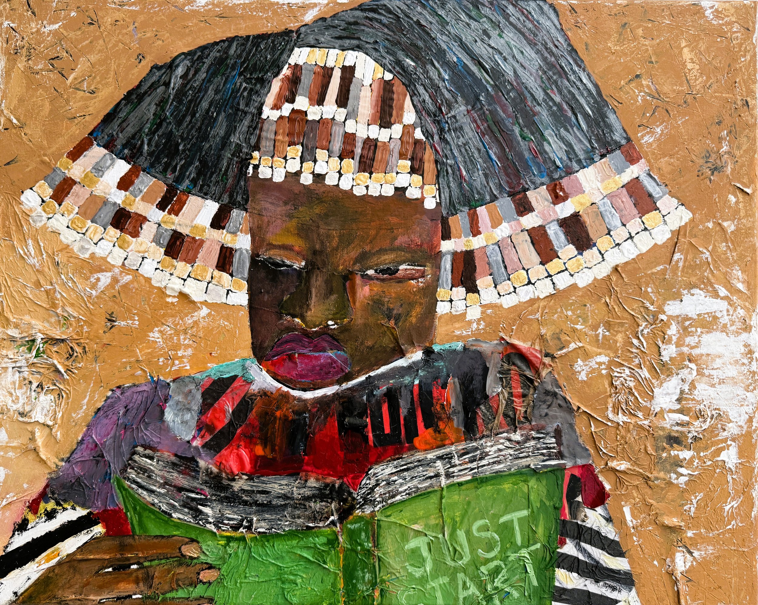 "Beads & Reads", 12in x 16in acrylic/mixed media on stretched canvas, 2026