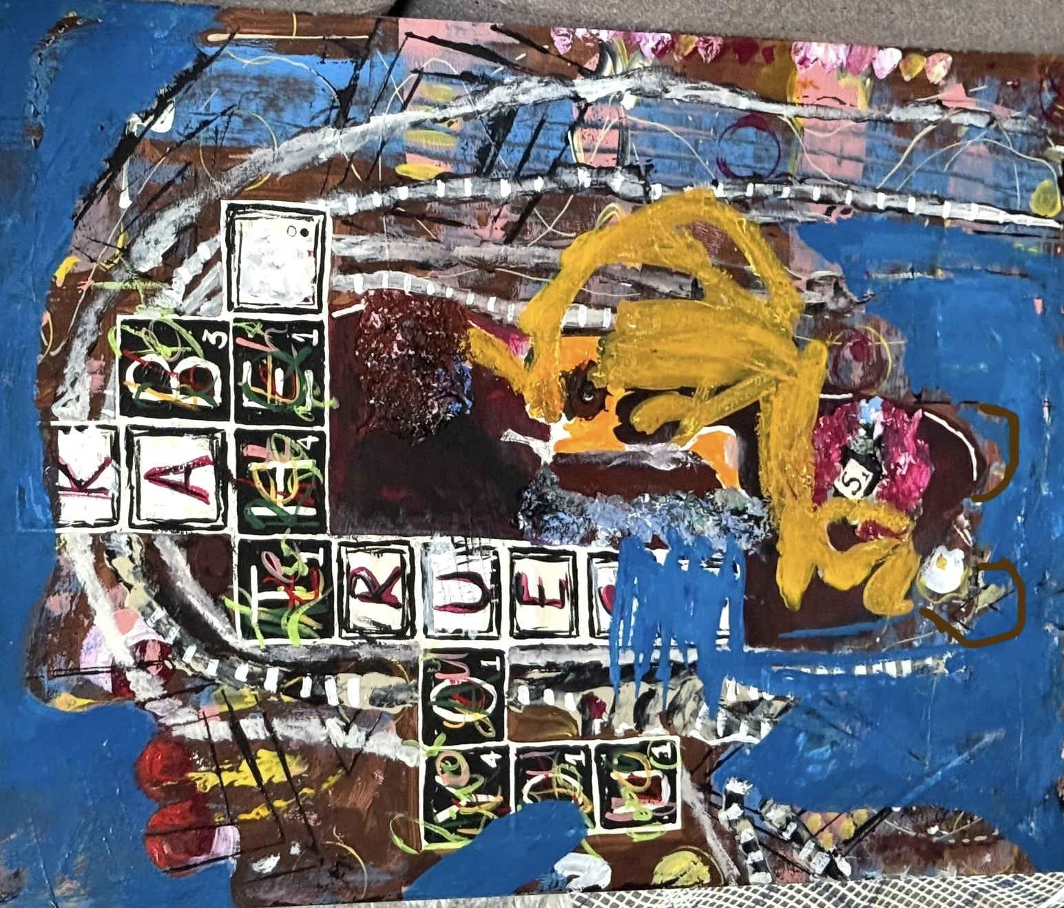 "Scrabble Head", 18in x 24in acrylic/mixed media on 140lb W/C paper, 2025