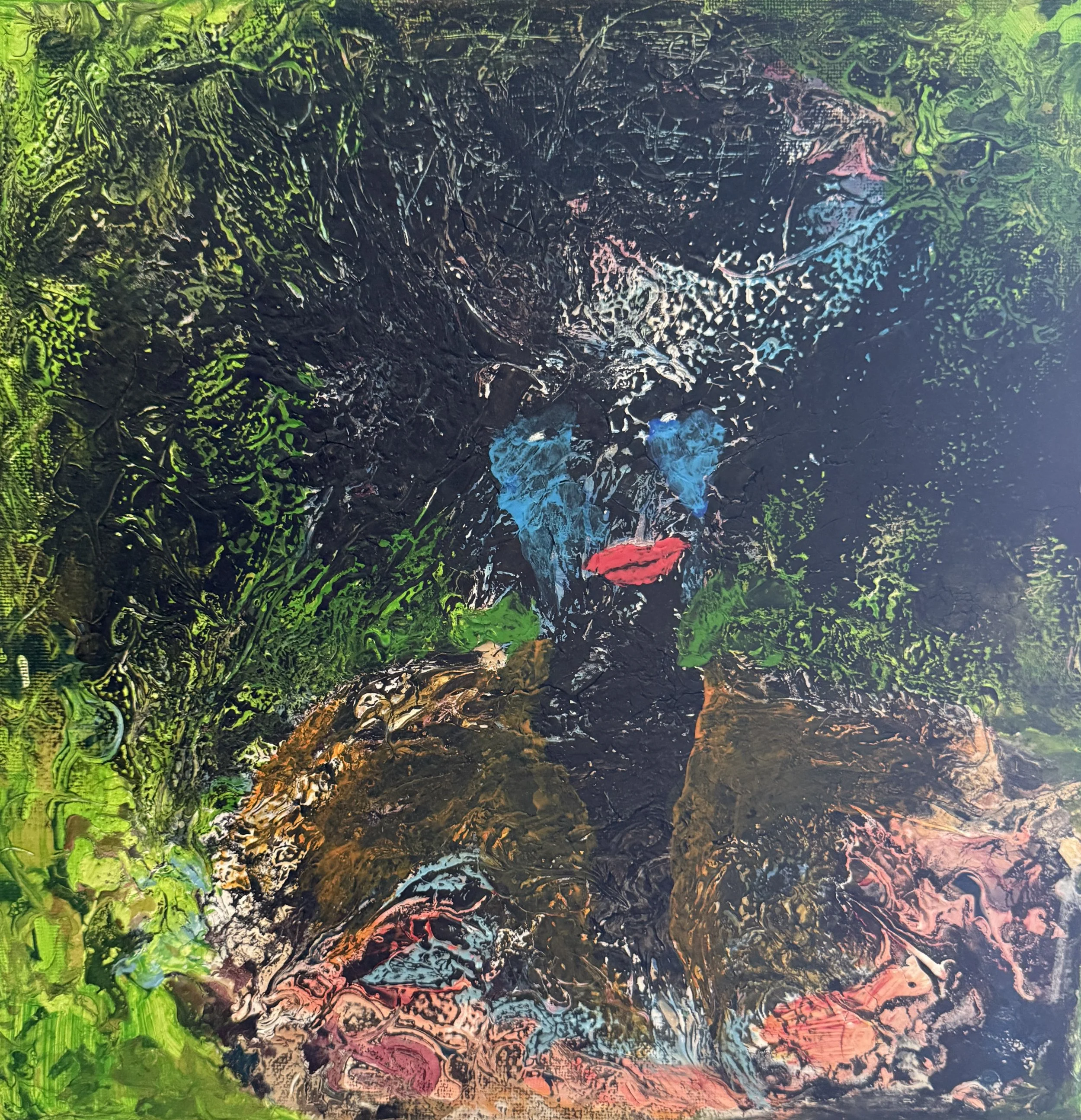 "Garden Face", 12in x 12in acrylic/mixed media on stretched canvas, 2025