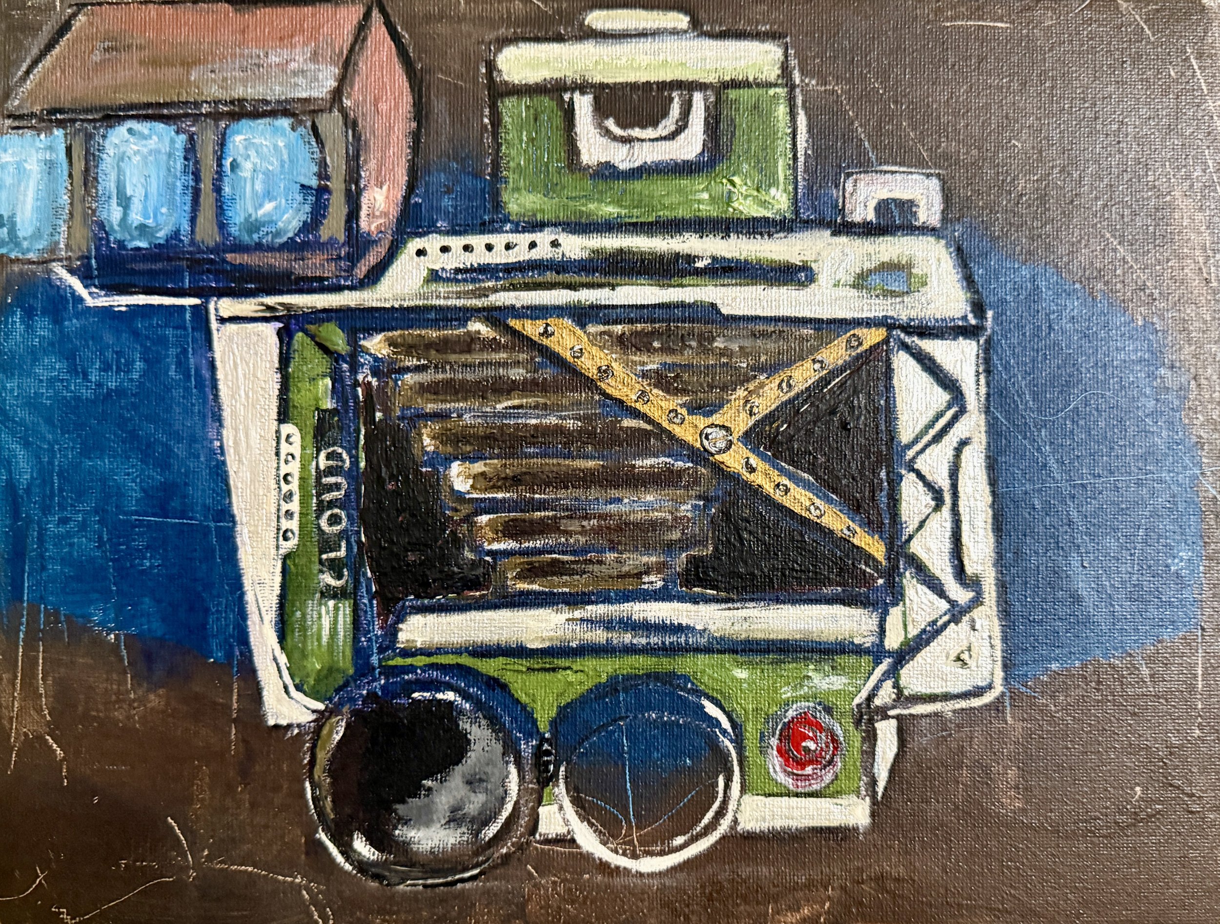 "Old Flashes", 12n x 9in acrylic on canvas panel, 2025
