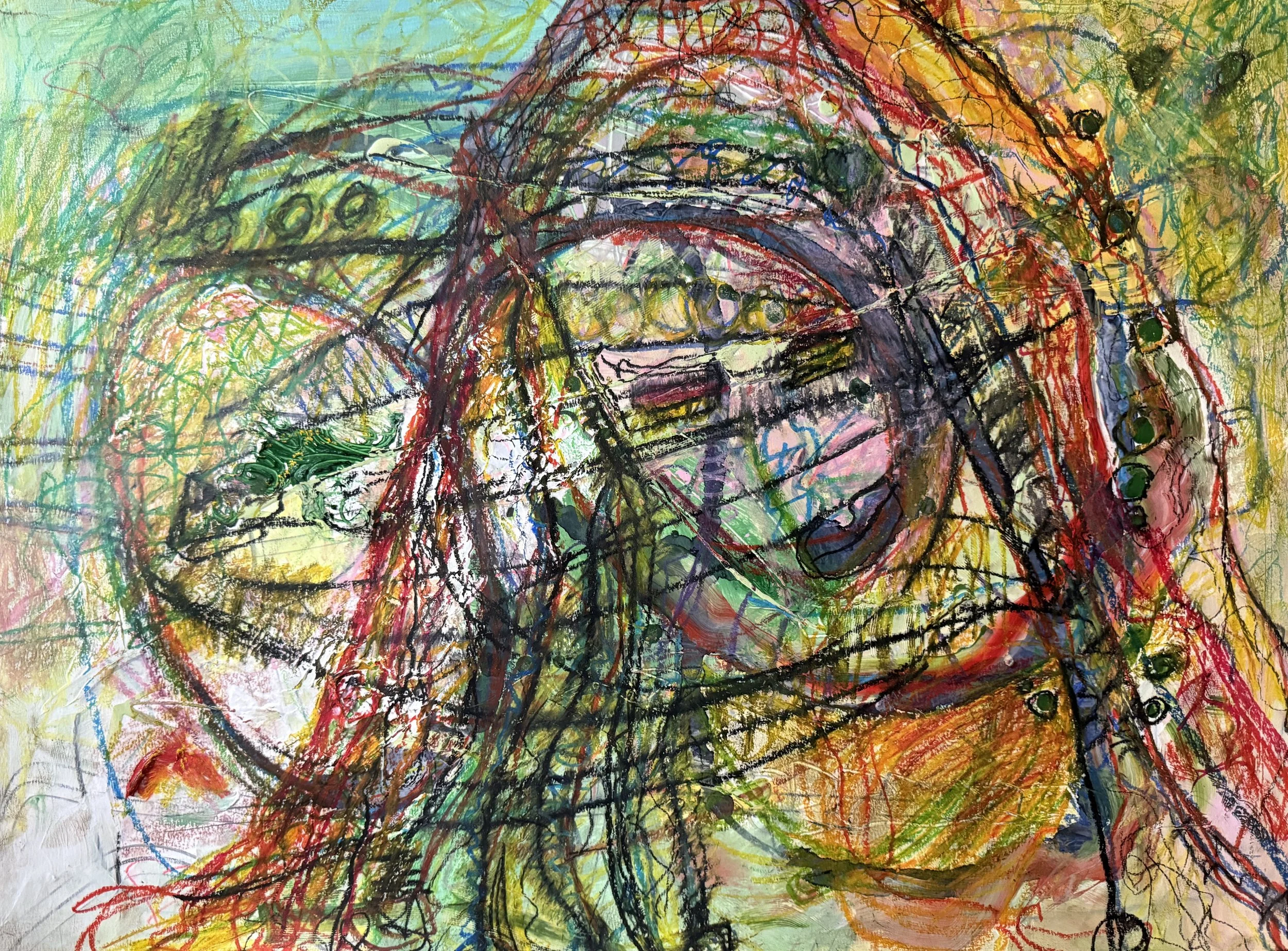 "Music Surrounds Her", 24in x 18in acrylic/charcoal on 140lb W/C paper, 2025