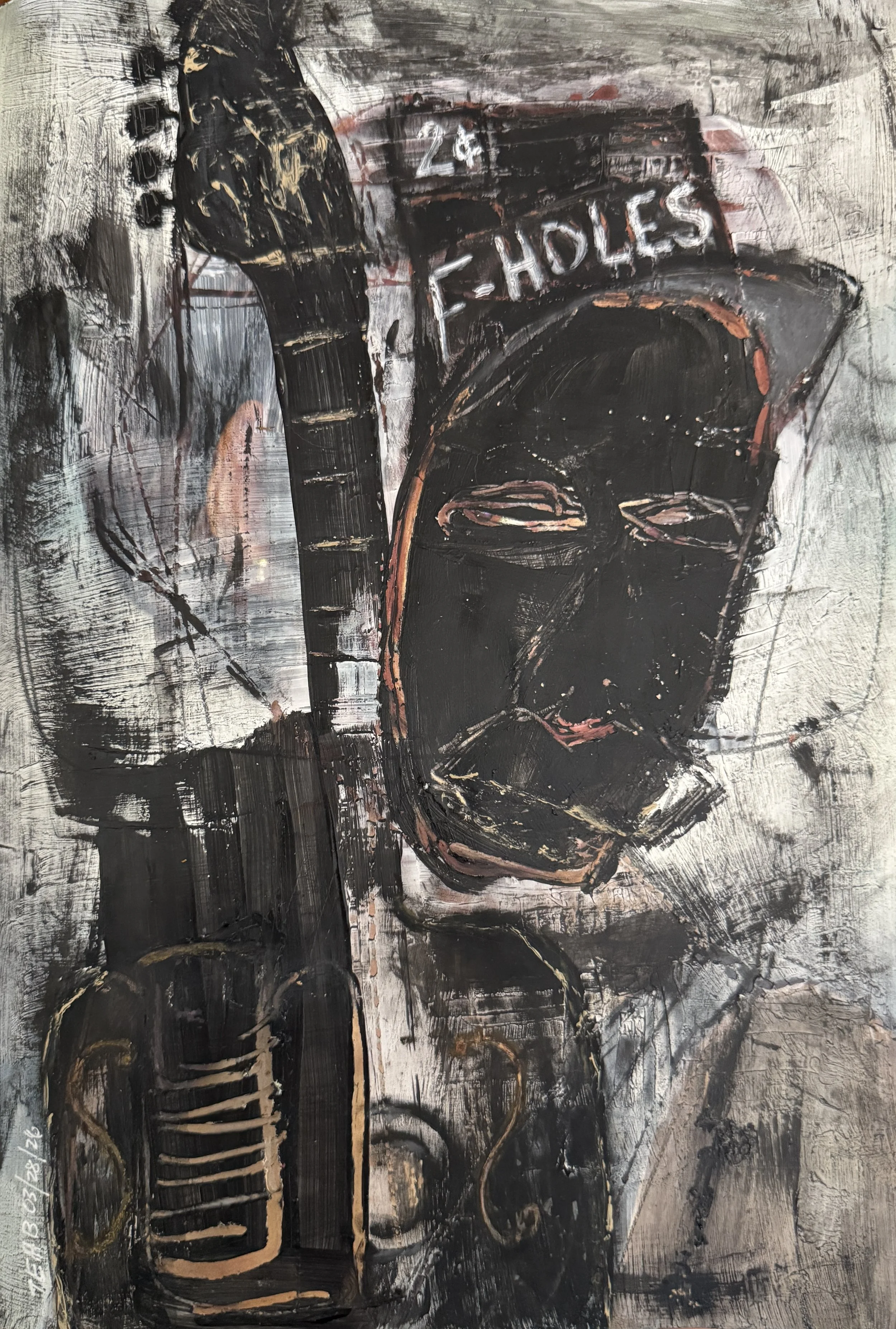 "F-Holes", 9in x 13in acrylic on paper, 2026
