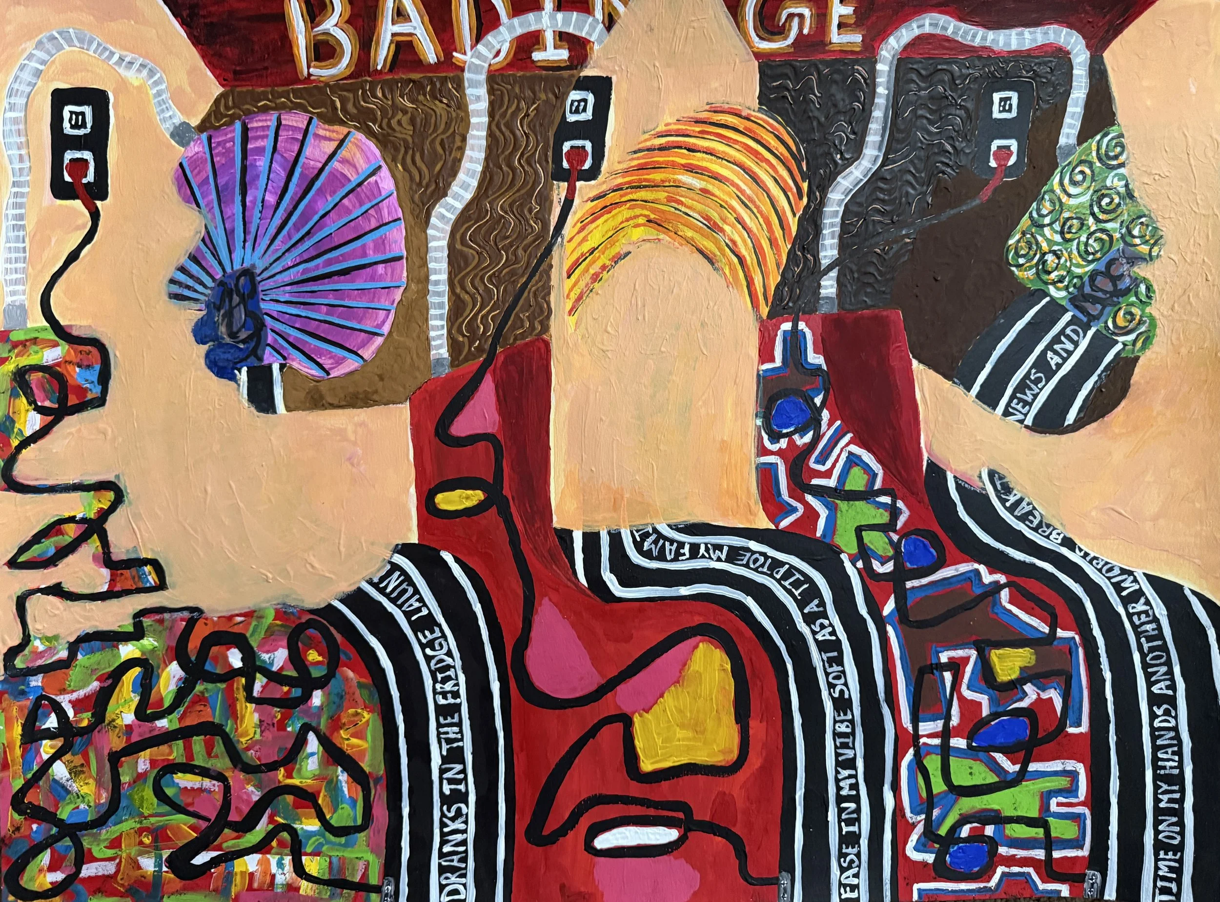 "Plugged In", 18in x 24in acrylic/mixed media on 140lb W/C paper, 2025