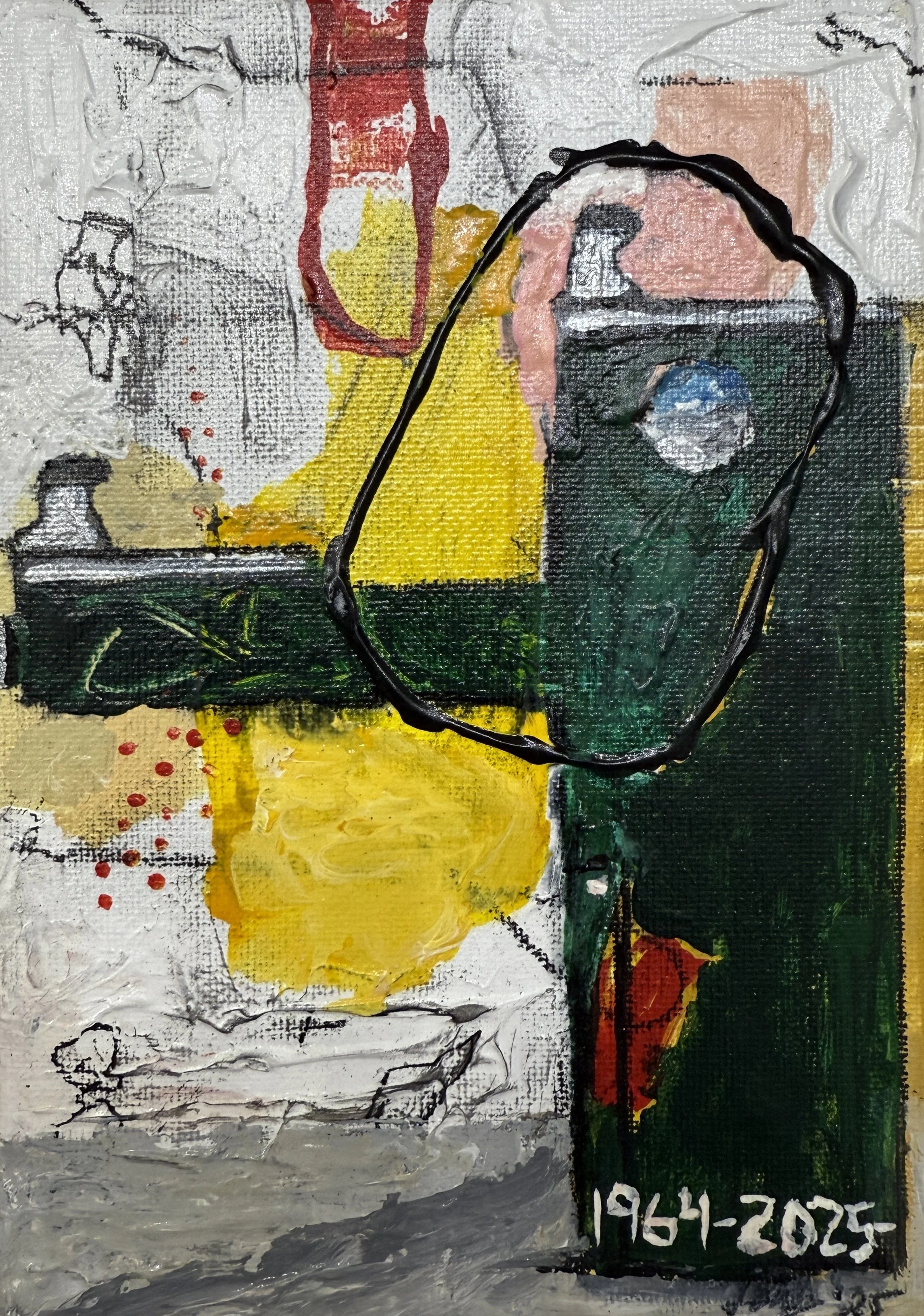 "Drinking Fountain Status", 5in x 7in acrylic/mixed media on stretched canvas, 2025