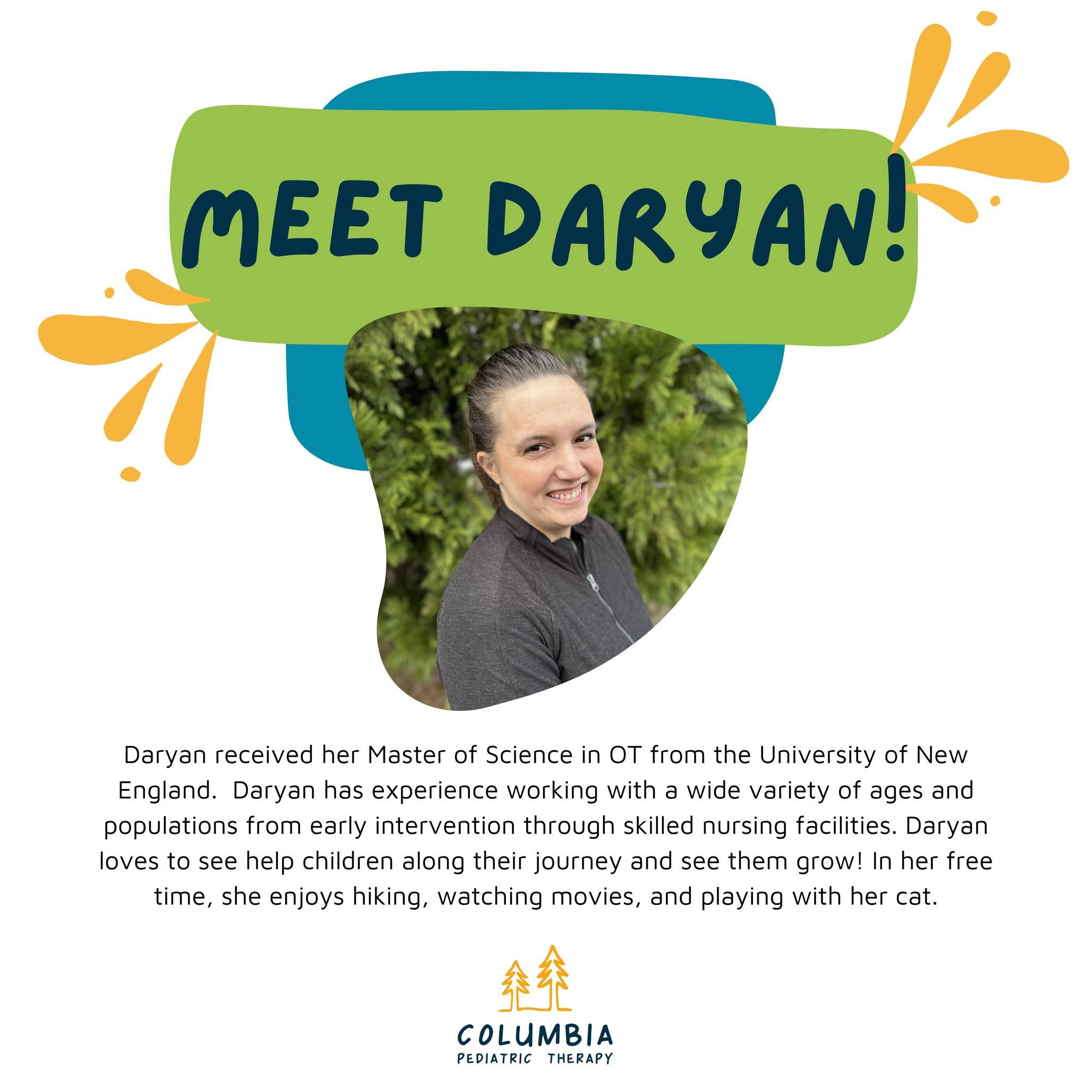 As we continue to celebrate OT month, we are excited to introduce you to Daryan, one of the newest members of our Occupational Therapy team! Daryan has a wide range of experience from early intervention through skilled nursing facilities and we are g