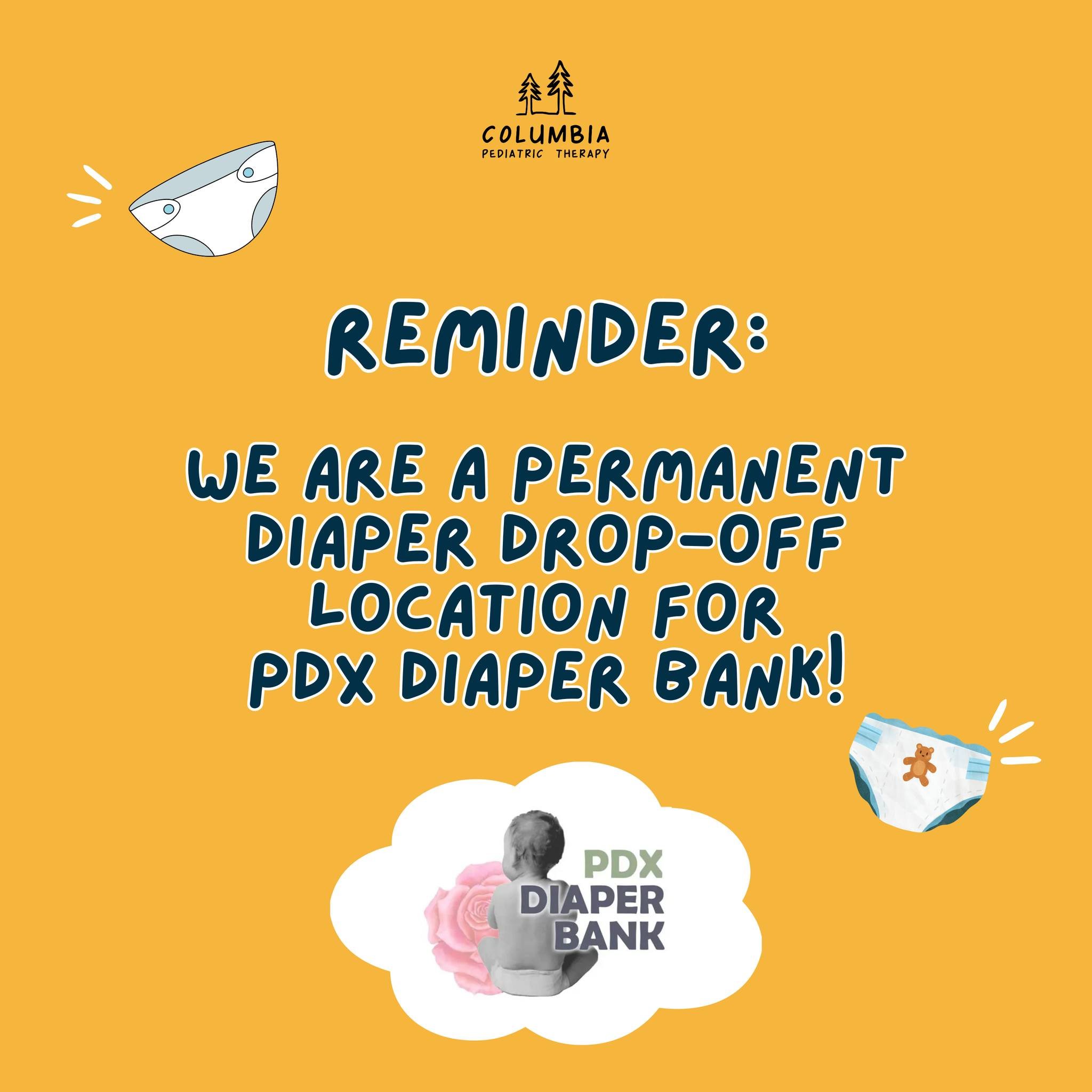 If you have been in our lobby, you may have seen a tall white box near reception. That is our collection box for diapers in partnership with PDX Diaper Bank! They are working hard to help provide free diapers, and we really enjoy providing options to