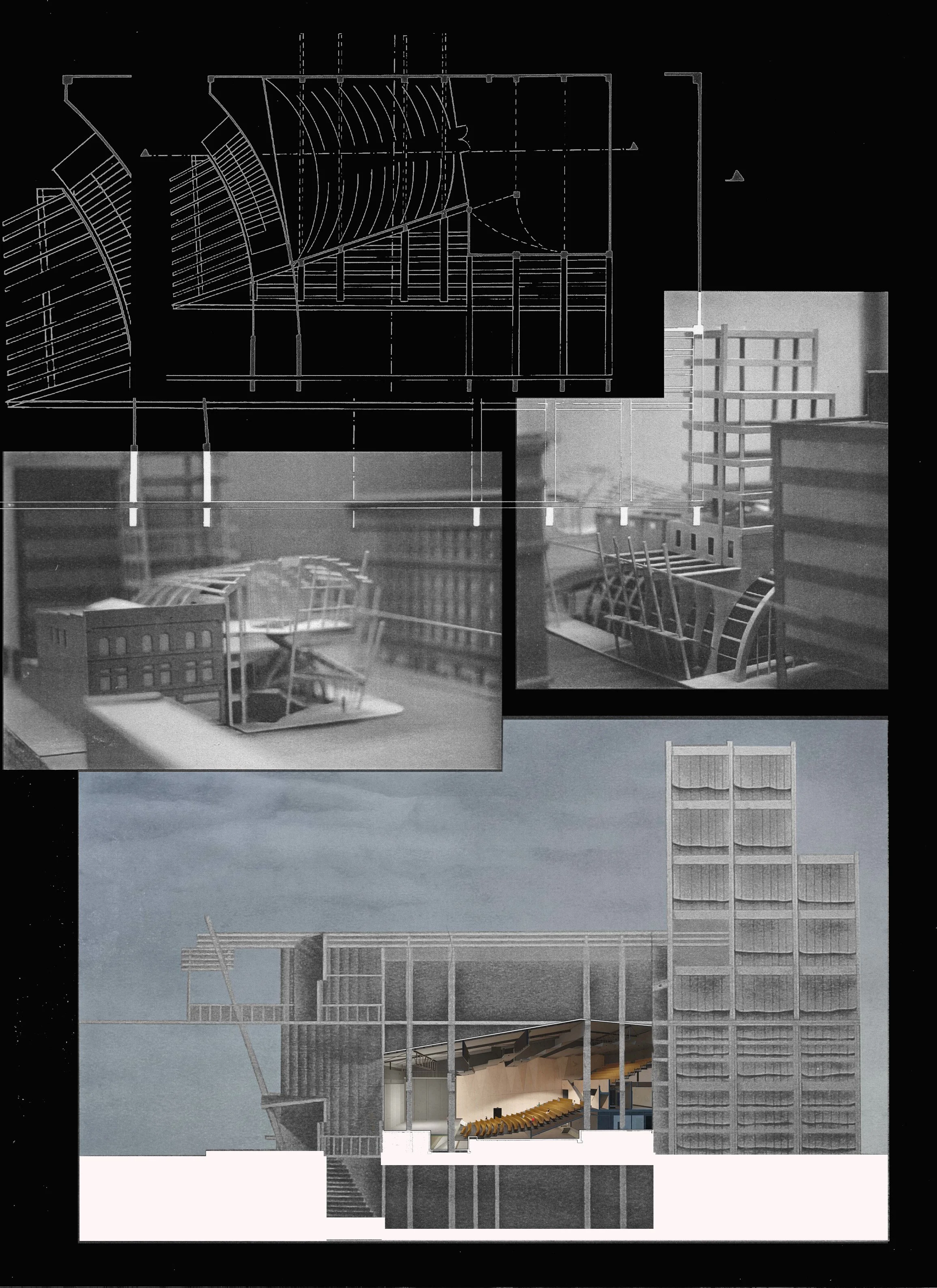 Studio Work - Amphitheater - Center for the West - The concept was for a future levitating transit systems hovering above the ground. People would be dropped off an the upper level and the tower occupants  were office or residential.