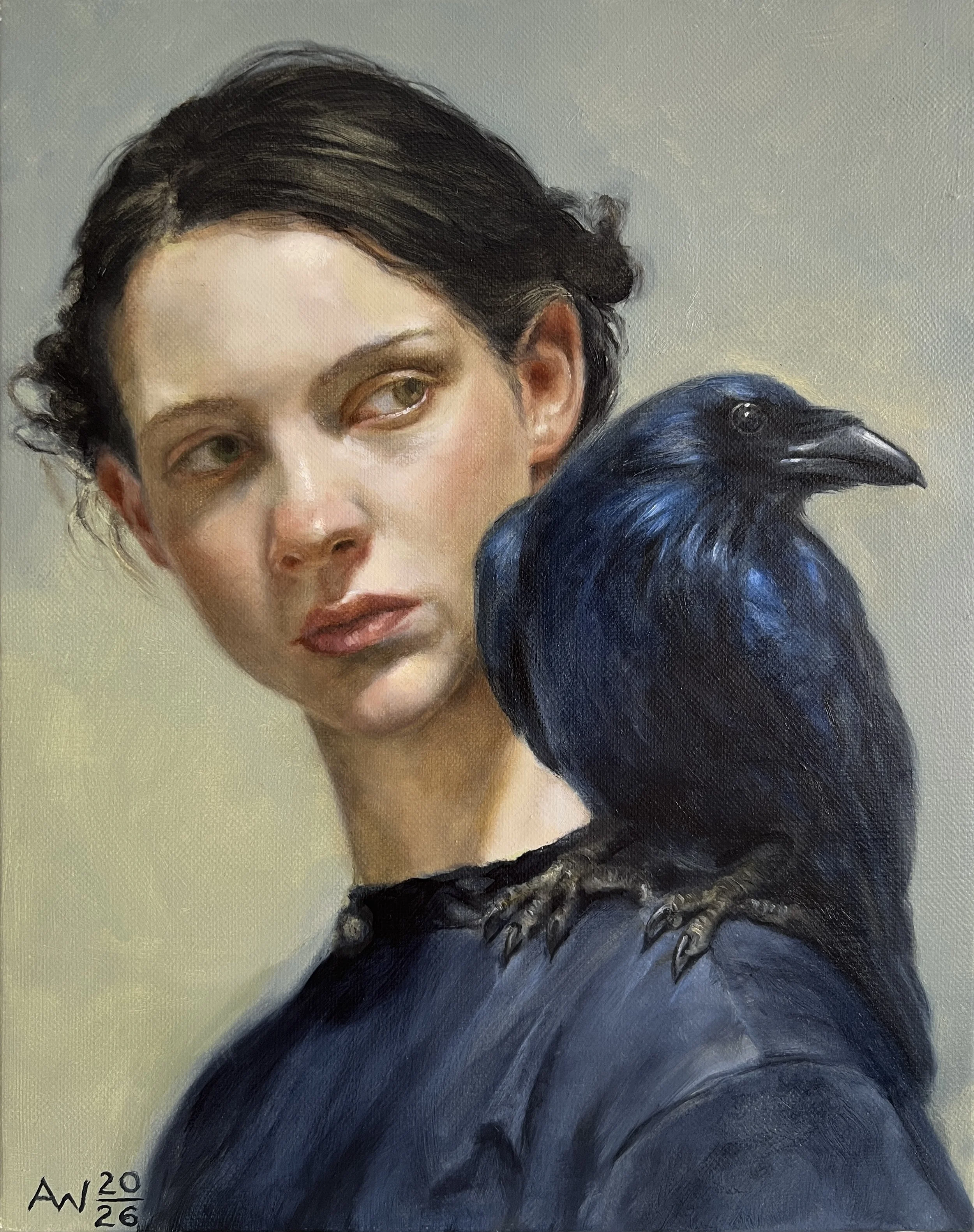 Contemporary realist oil painting by German artist Angelika Weinekötter featuring a woman and a crow in a psychological human animal encounter.