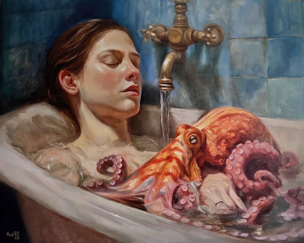 Contemporary realist oil painting by German artist Angelika Weinekötter featuring a woman and an octopus in a bathtub as a psychological human animal encounter.