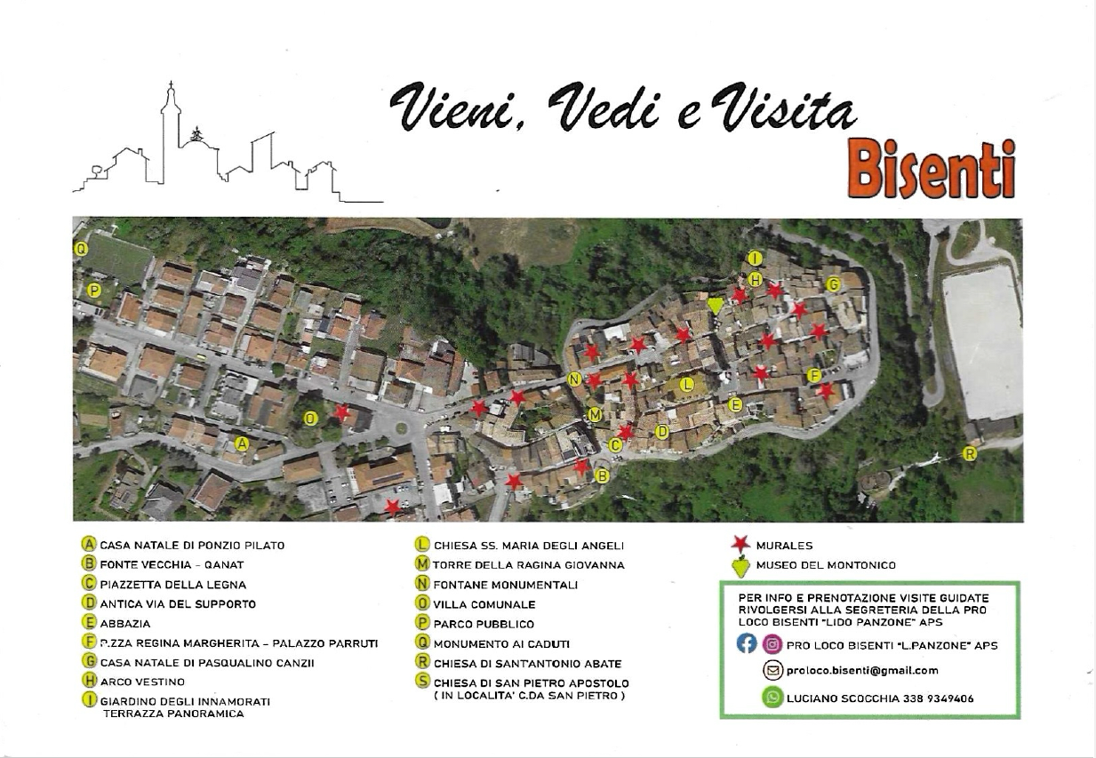 Map of Bisenti, Italy, with street names and landmarks including churches, museums, and historical sites, marked with red stars indicating murals or points of interest.