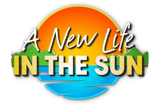 Colorful logo with a sun and water in the background, and the text "A New Life IN THE SUN" layered over it.
