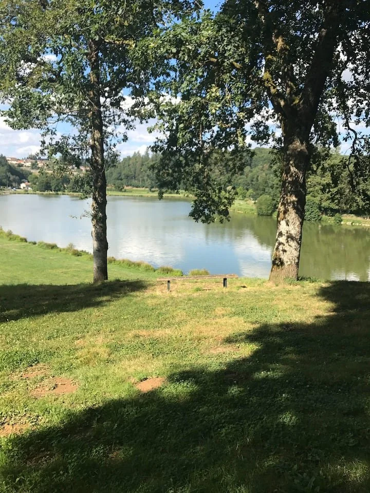 A scenic view of a lake surrounded by green grass and trees under a partly cloudy sky.