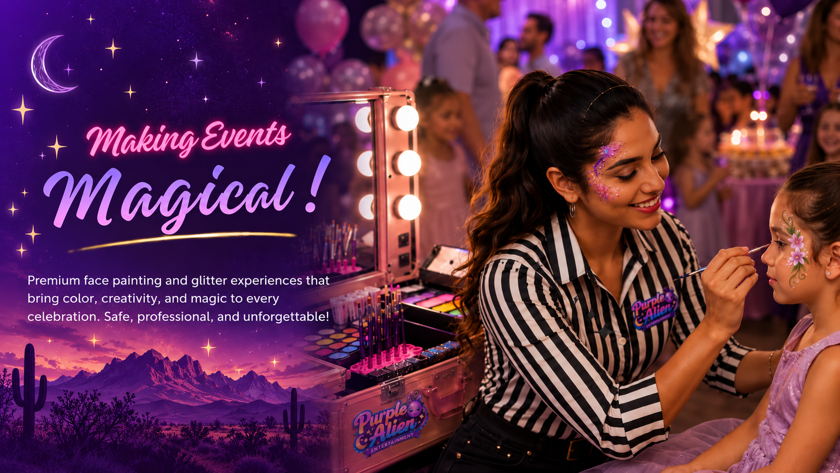 Purple Alien Entertainment face painter creating a floral face painting design for a young girl at a celebration in Las Cruces, New Mexico, with the Organ Mountains, a professional face painting station, and a magical purple party atmosphere.