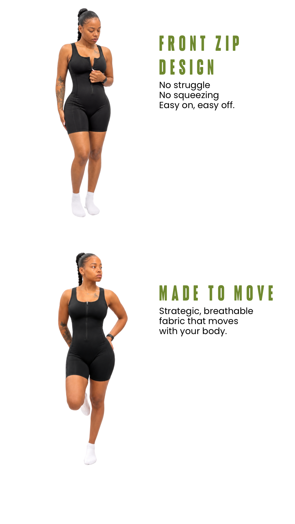 Two women wearing black athletic bodysuits, demonstrating different features of compression sportswear. The first woman showcases a front zip design, and the second woman displays a moveable, breathable fabric.