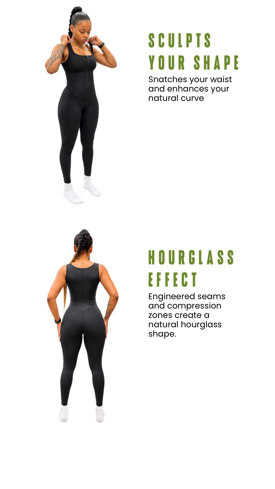 Two women in black athletic suits demonstrating body shaping effects: the first woman is adjusting her straps, labeled 'Sculpts Your Shape' with text about waist snatching and enhancing the natural curve; the second woman is seen from behind, with a focus on the hourglass effect created by engineered seams and compression zones, with text explaining these features.