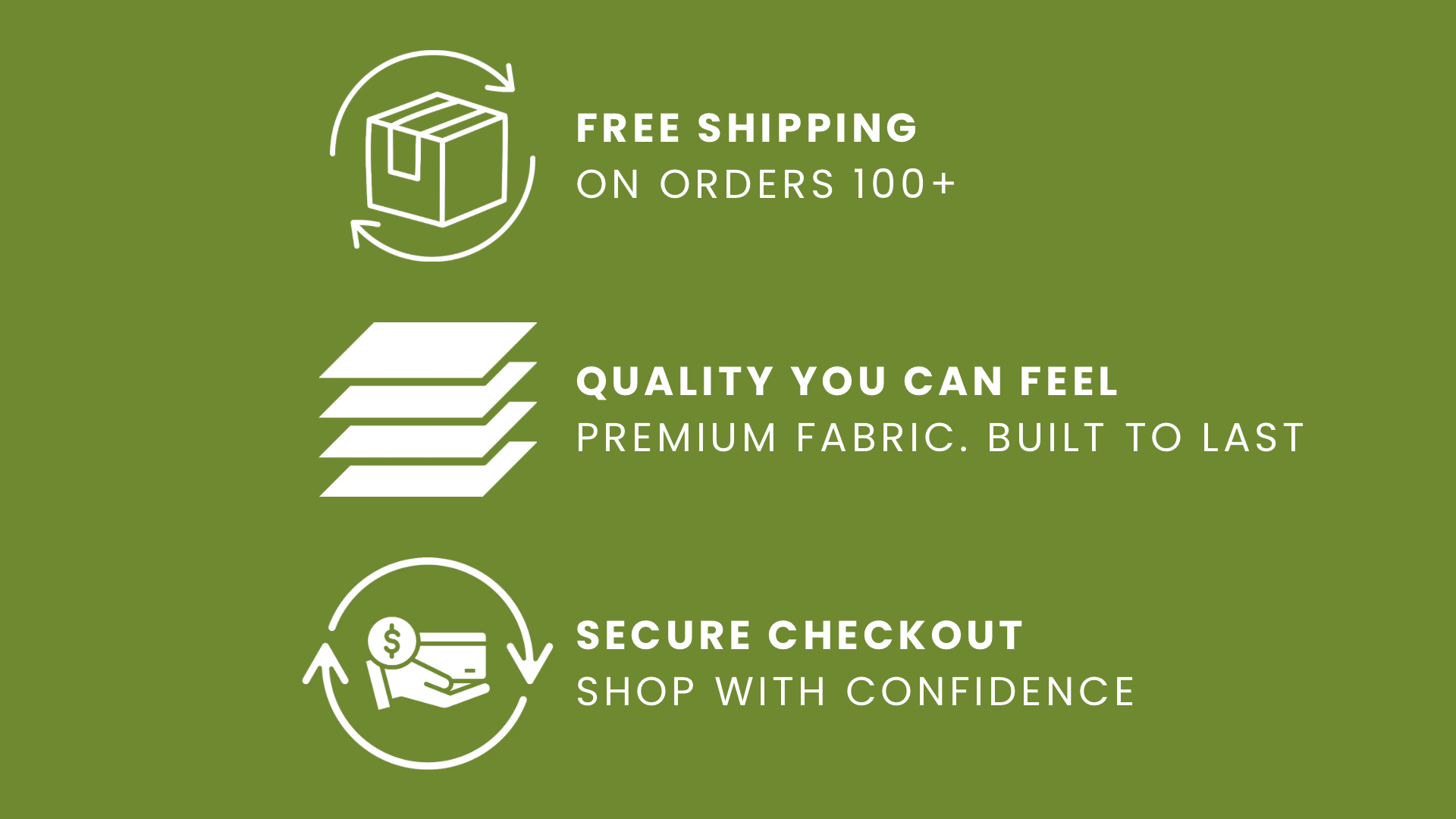 Graphic with icons and text promoting free shipping on orders over 100, premium fabric quality, and secure checkout.