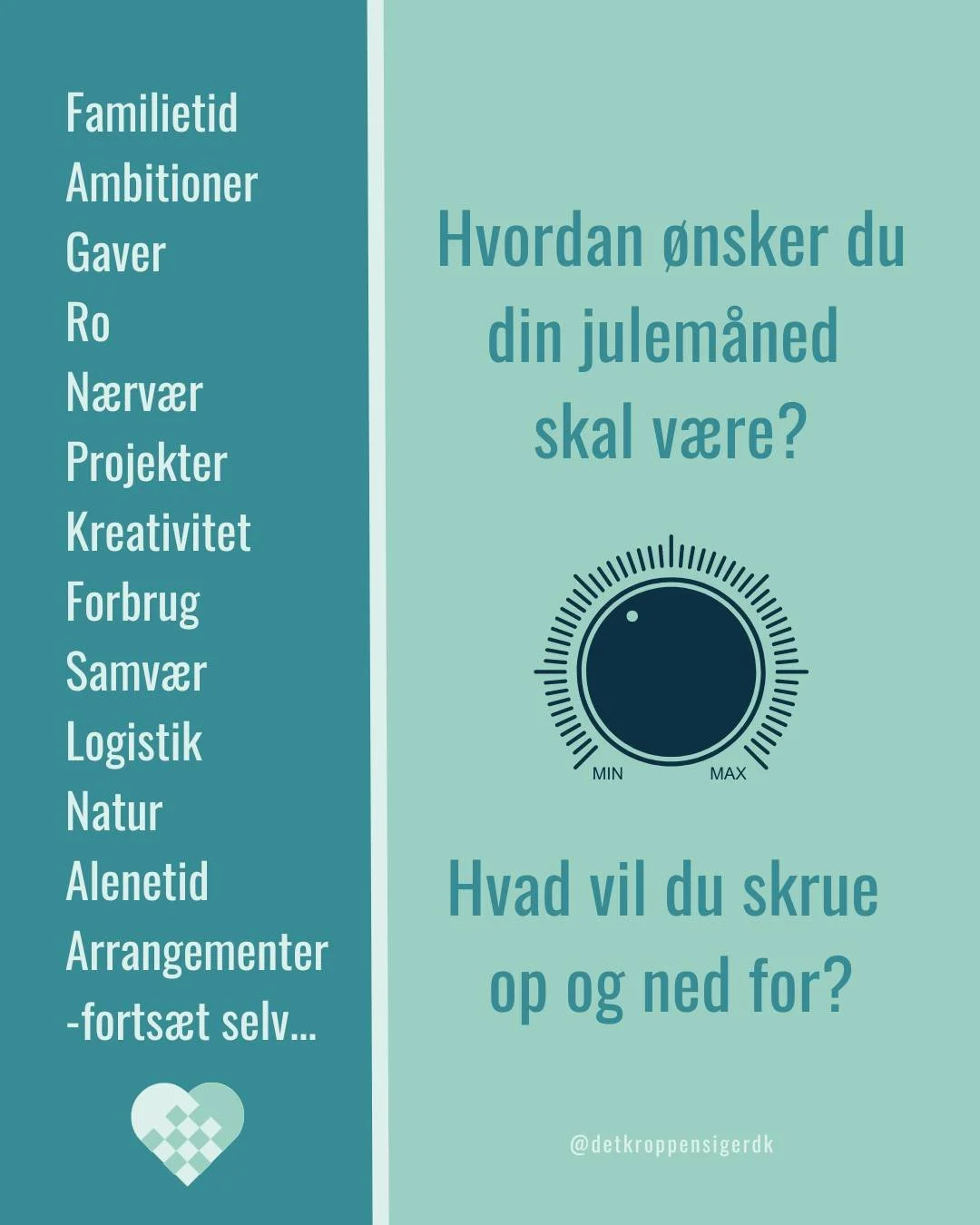 Julem&aring;neden kan for mange f&oslash;les presset.
Giv dig selv den gave at m&aelig;rke efter hvad der er vigtigt for dig, hvad du gerne vil og ikke vil - og pr&oslash;v om du kan forme dagene derefter. 
Tillad dig m&aring;ske at justere p&aring; 