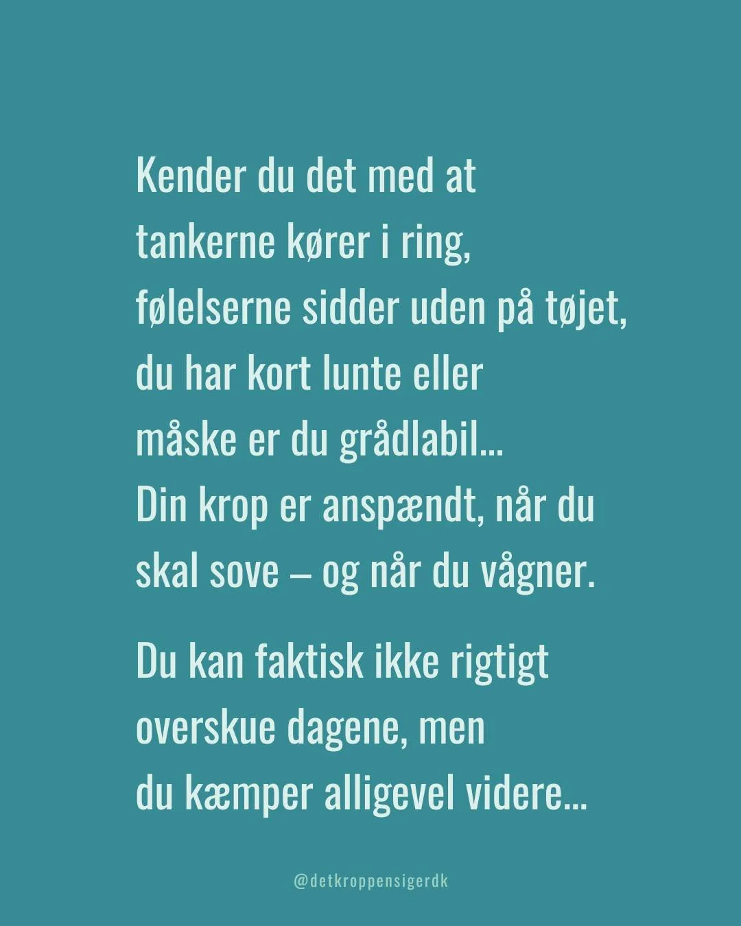 Ogs&aring; n&aring;r det handler om stress skal vi lytte til kroppen. Kroppen er faktisk n&oslash;glen i behandlingen af stress.

Som kropsterapeut vil jeg starte med at berolige din krops alarmsystem. For s&aring; l&aelig;nge dit nervesystem er i al