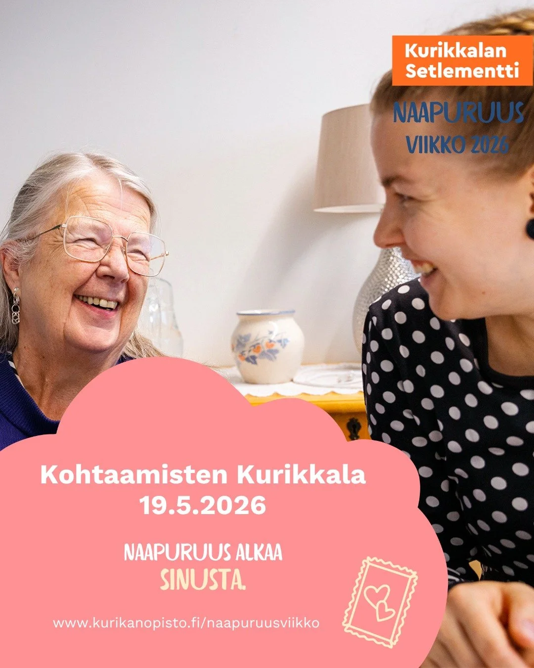 💛 Kohtaamisten Kurikkala 19.5.2026 💛

Tervetuloa viett&auml;m&auml;&auml;n yhteist&auml; p&auml;iv&auml;&auml; Naapuruusviikolla!

P&auml;iv&auml;n aikana luvassa mm.
☕ yhdess&auml;oloa ja kahvia
🎨 ty&ouml;pajoja ja kurssimaistiaisia
🤝 tutustumis