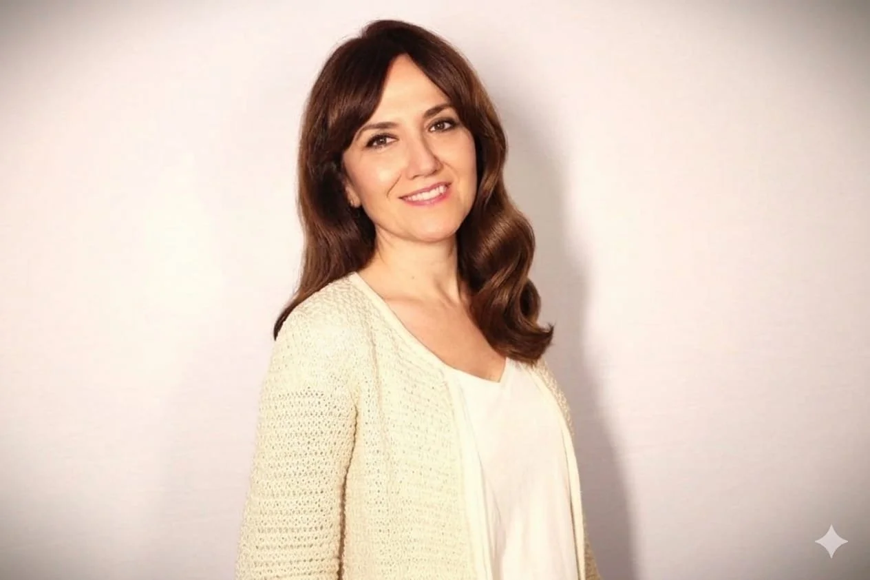 Mujer con cabello castaño y largo, sonriendo, con ropa blanca y un suéter beige, de fondo de madera.