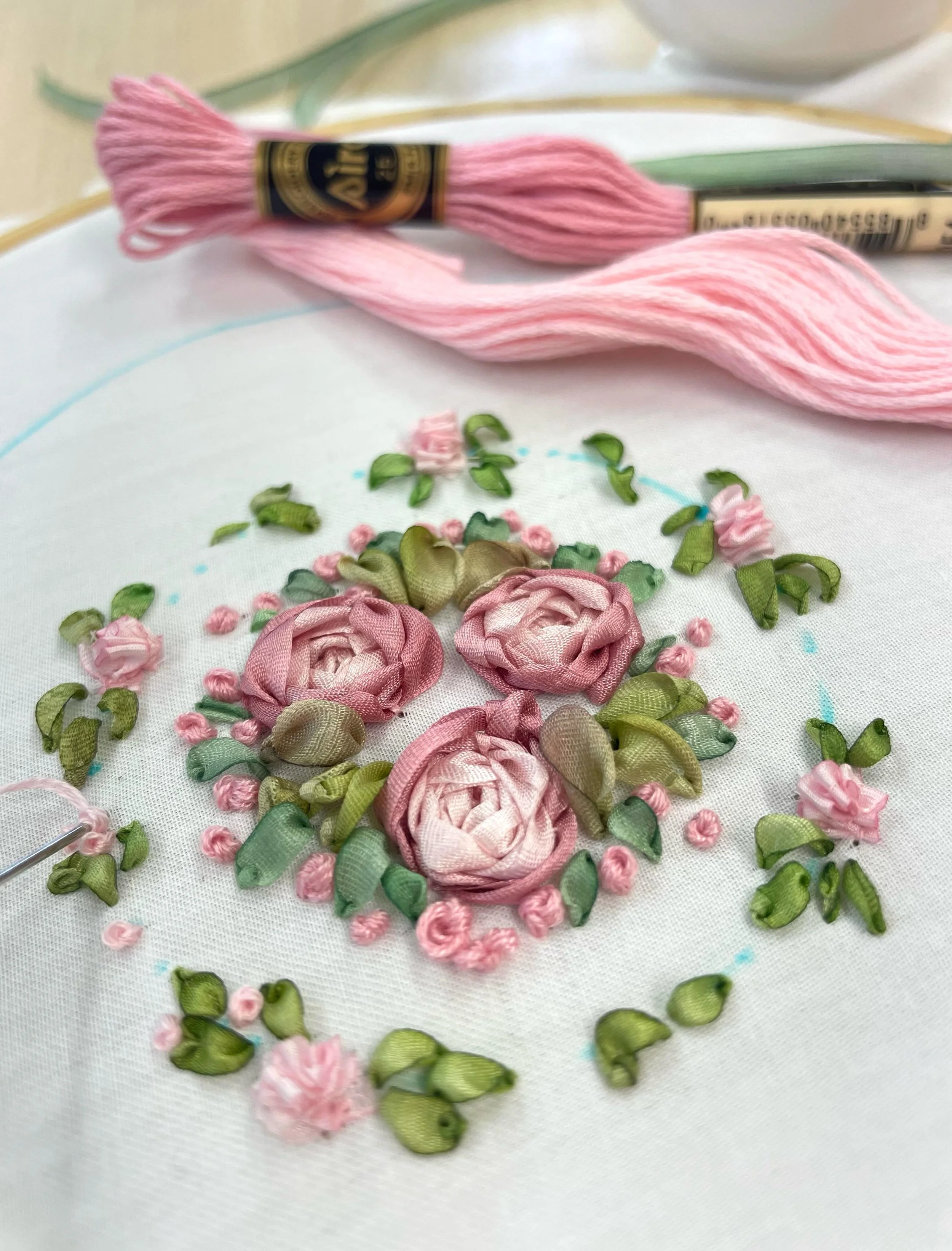 Preparing today with my samples, to teach ribbon embroidery @bunburymill . A creative day of slow stitch drenched in gorgeous hand dyed silk ribbons from @thecommonthread1  Ive been waiting all year to teach this workshop.