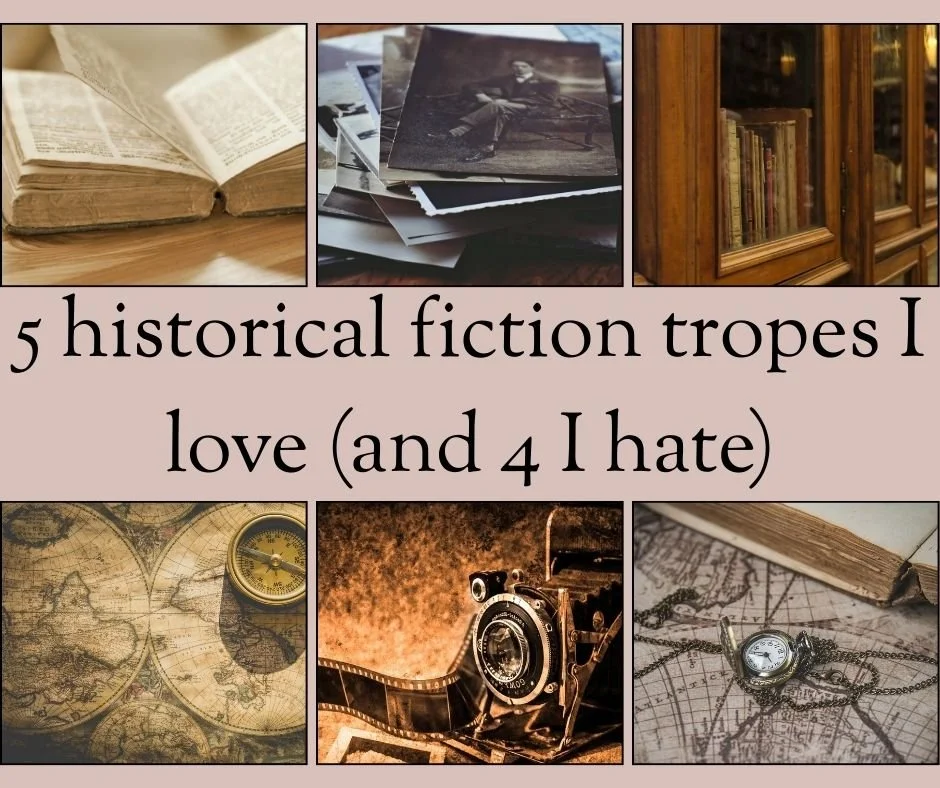 Shows the blog title and six images depicting an open book, pile of photographs, bookcase, open pocket watch on a map, old film camera and a map of the world with a compass.