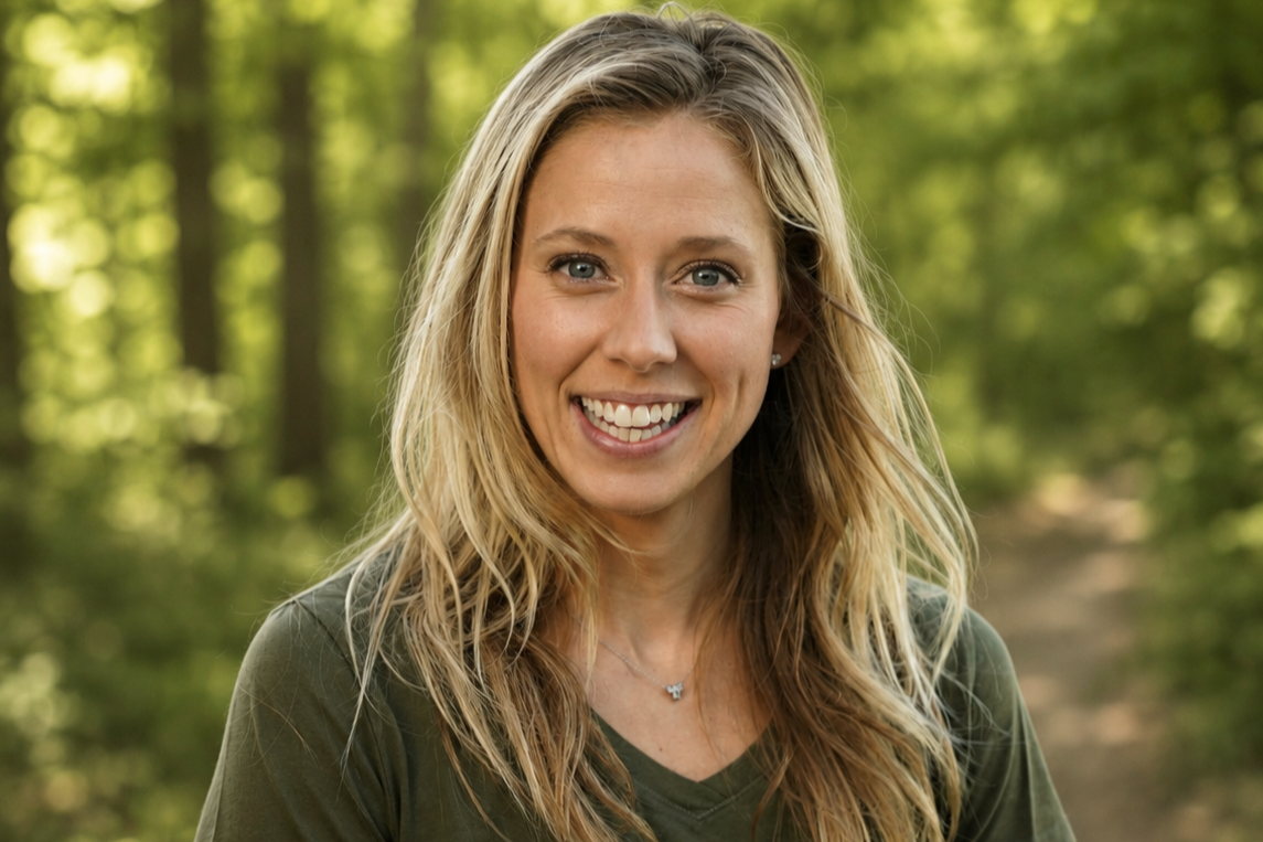 Smiling woman with long blonde hair and green shirt outdoors against a blurred background.