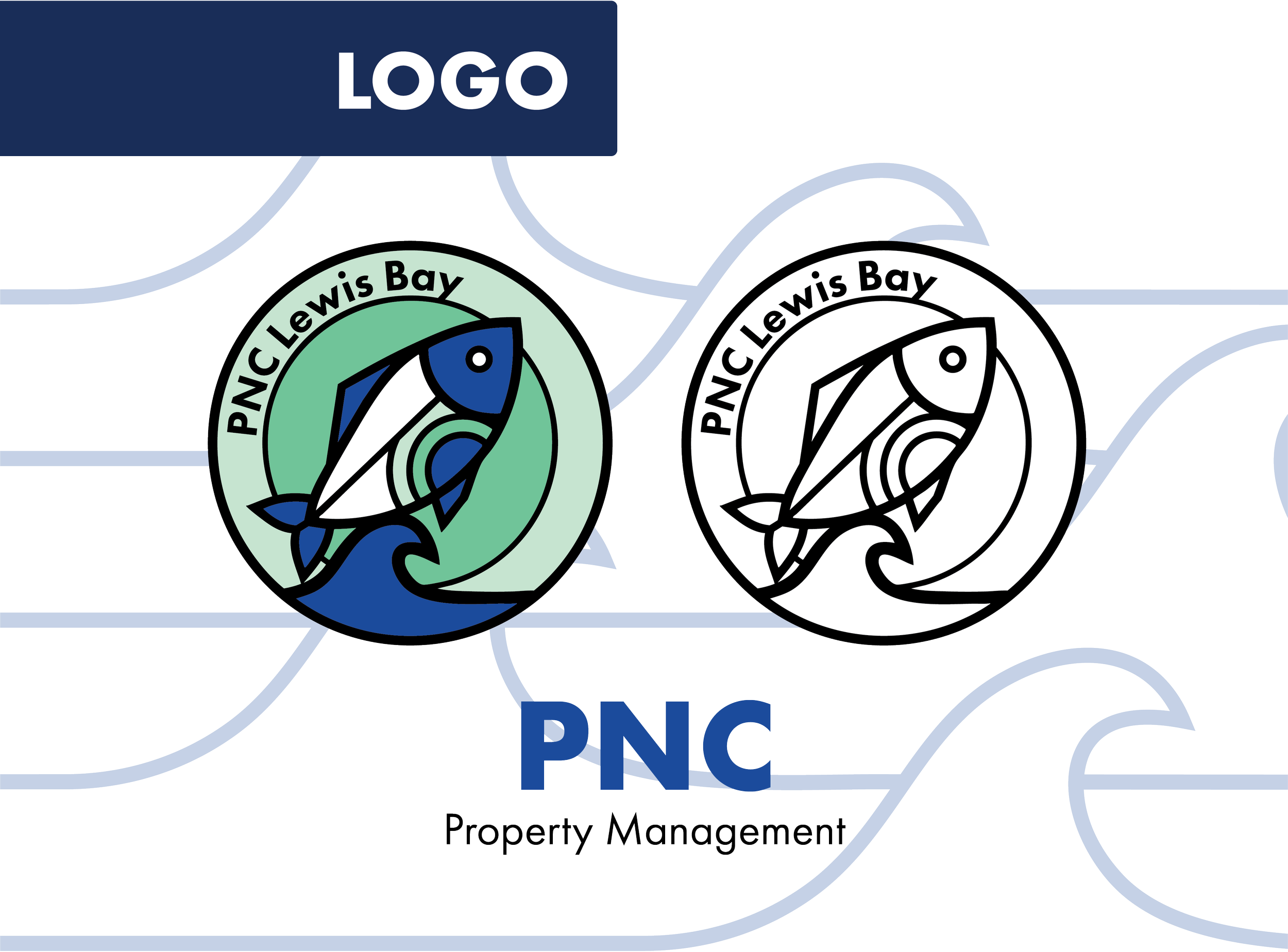 A digital graphic featuring the words 'Property Management' and two circular logos with abstract fish designs, one in green and one in black and white, with the text 'PNC Lewis Bay'.
