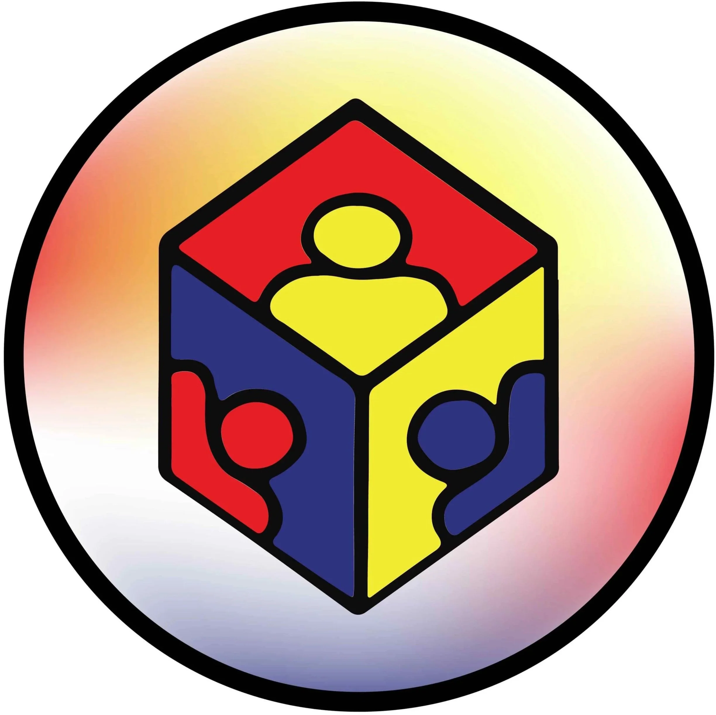 A colorful, abstract design featuring a large, circular gradient background with rainbow hues and a central cube with vibrant colors surrounded by a circular border.