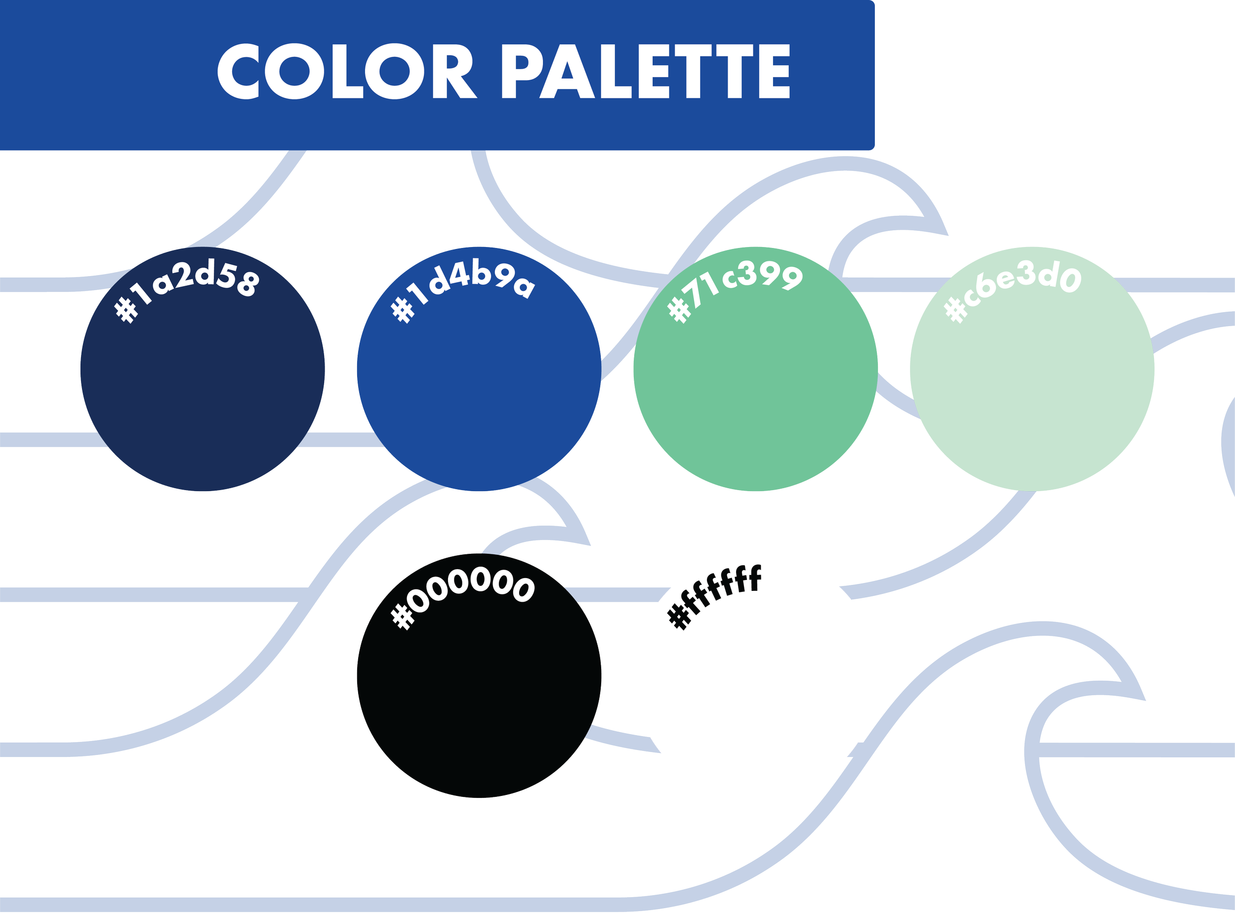 A digital color palette featuring four circles with hexadecimal color codes: dark blue (#1a2d58), medium blue (#1d49a), green (#71c399), and light mint green (#cbe3d0). The background includes a design with shades of blue and grey, and a banner readi