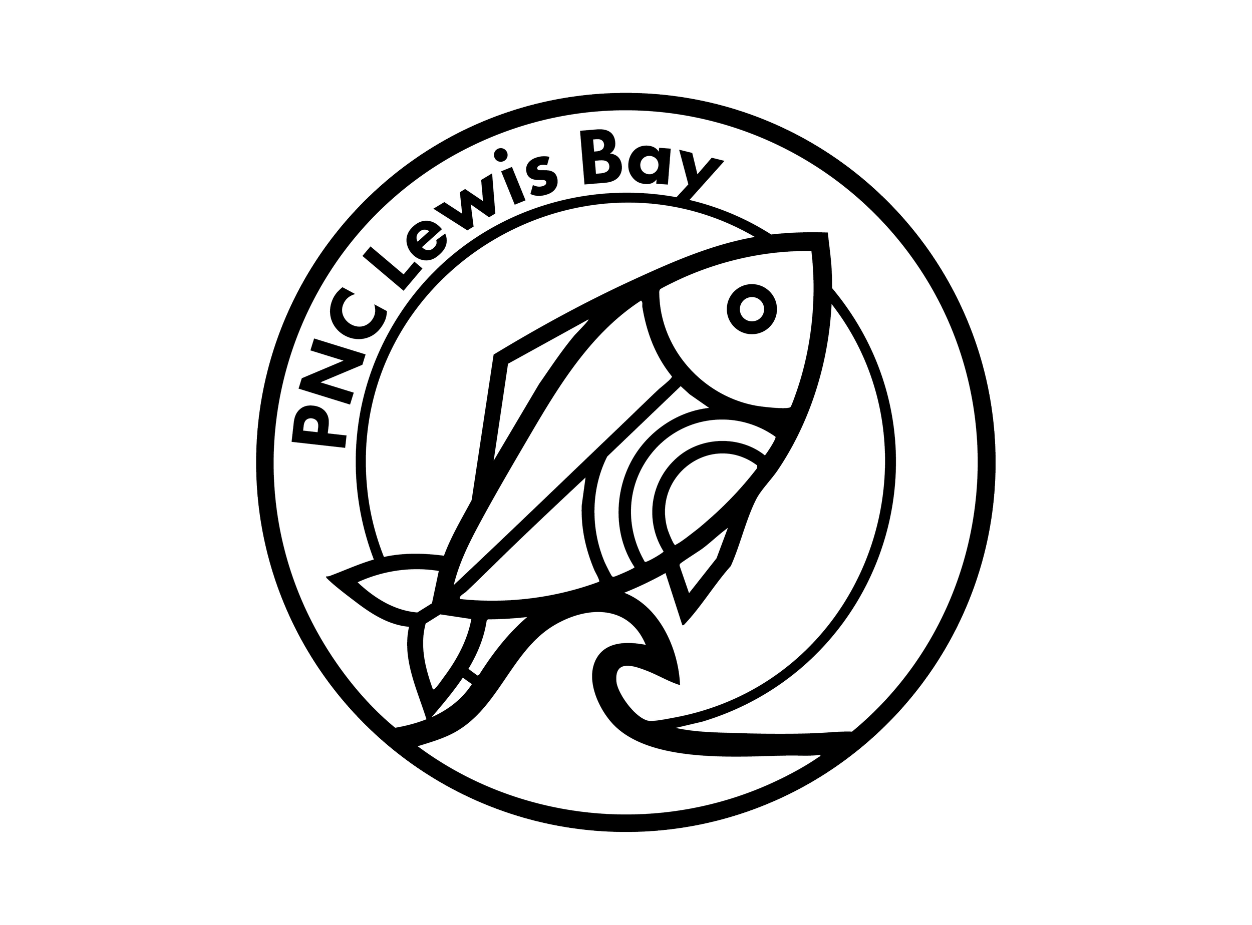 Black and white logo with a fish and fishing hook inside a circle, with the text 'Pancic Lewis Bay' curving around the top of the circle.
