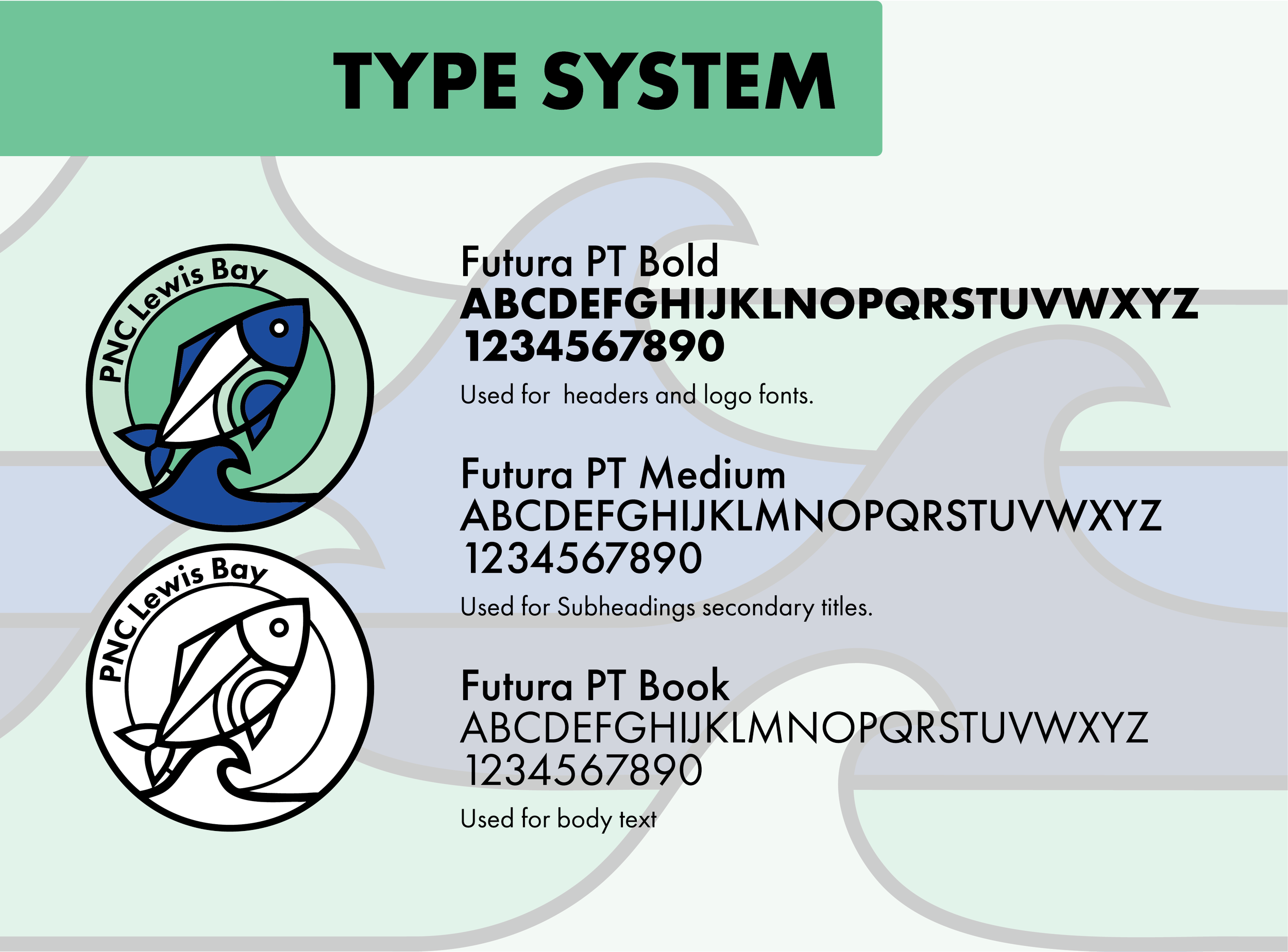 Close-up view of a graphic design showcasing different font styles and type systems, including Futura PT Bold and Futura PT Medium, with a logo of a fish within a circle labeled 'PNC Lewis Bay'. The design uses waves and background color transitions 