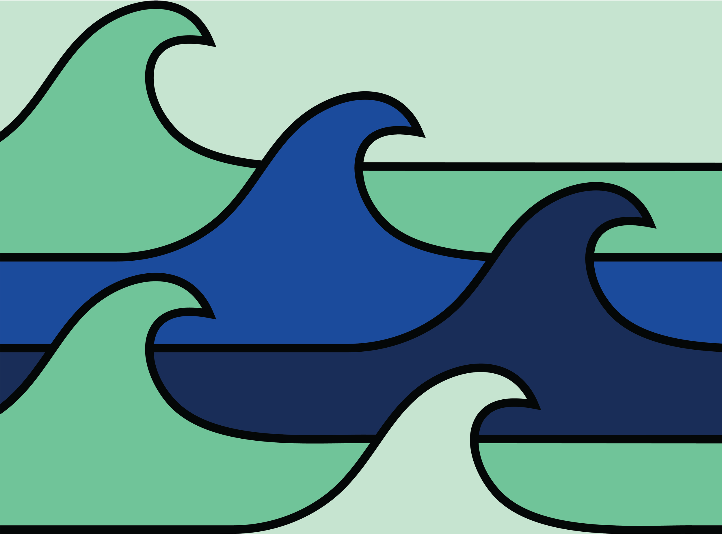 Stylized illustration of multiple ocean waves in blue and green with black outline against a light green background.