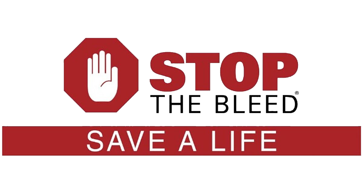Stop the Bleed campaign logo with a red stop sign and hand symbol, and text urging to save a life.