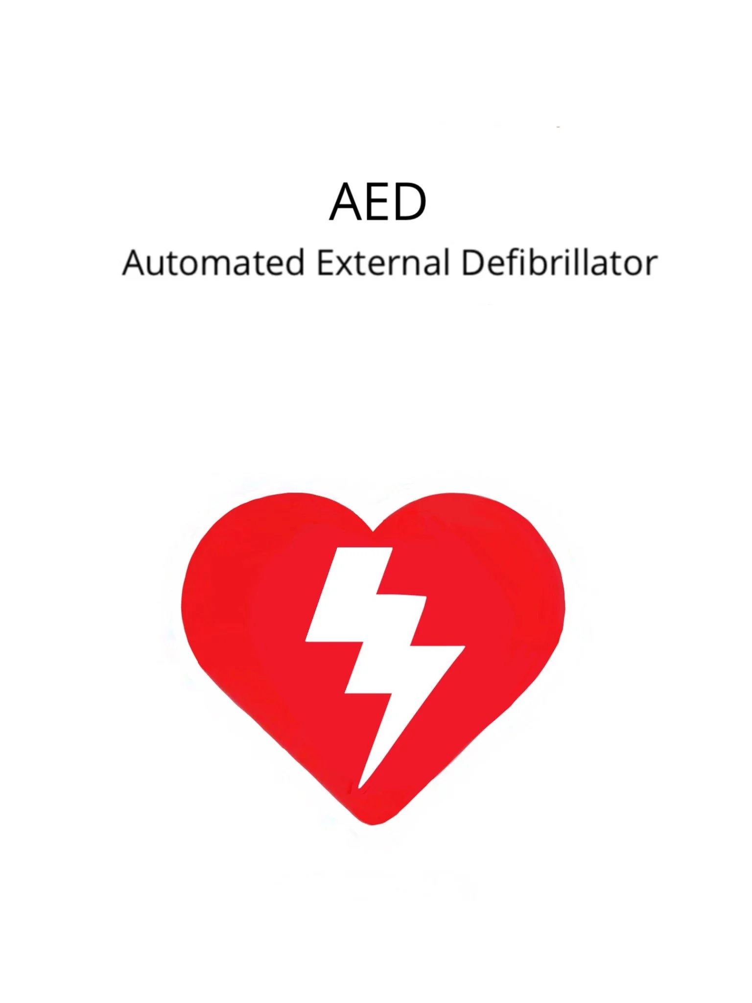 A cover page with the title 'AED Automated External Defibrillator' above a red heart with a white lightning bolt symbol inside.