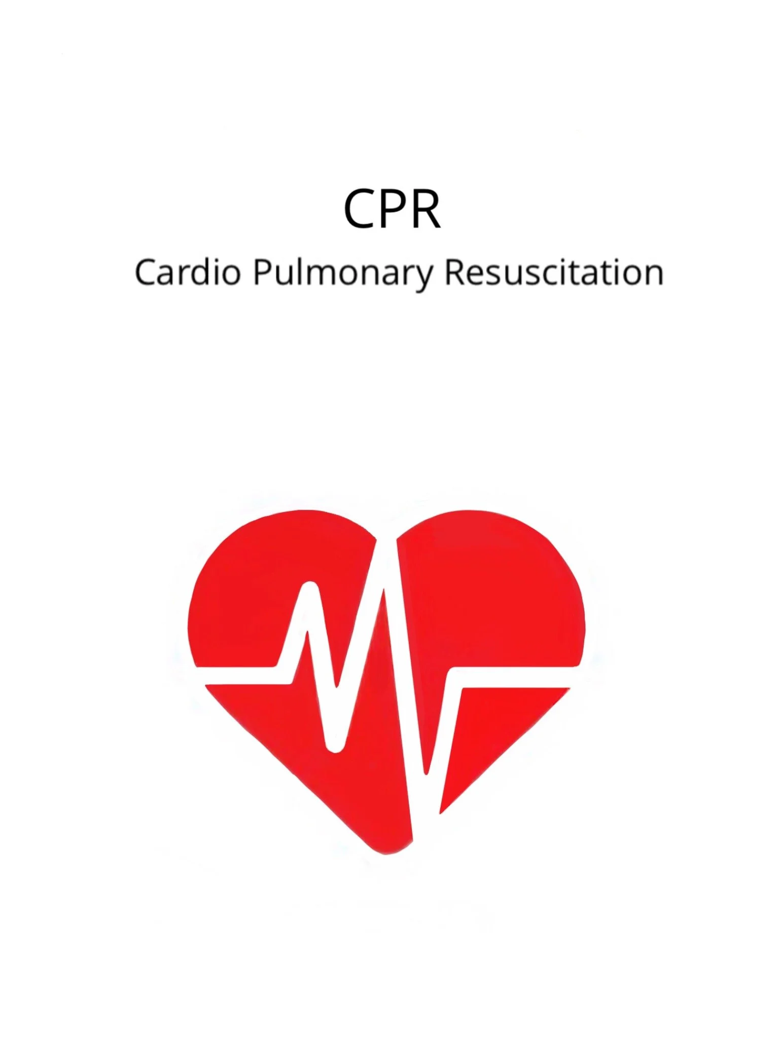 A white background with black text that reads 'CPR Cardio Pulmonary Resuscitation' and a red heart graphic with a white electrocardiogram line through it.