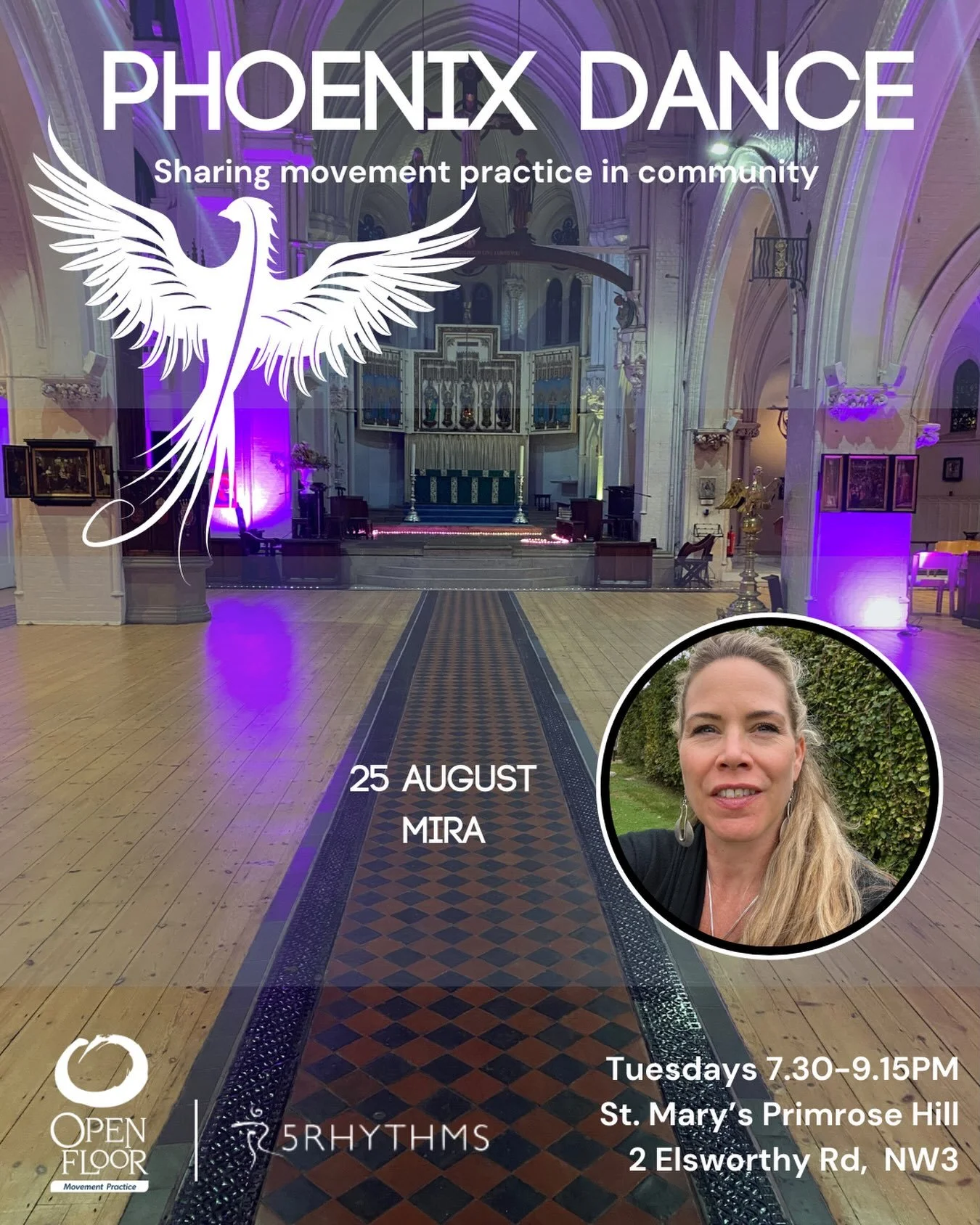 Phoenix Dance is on this Tuesday and Mira is holding space🧡 Come move, integrate, digest, assimilate in a community of shared practice. 

🐦&zwj;🔥 Phoenix Dance
Primrose Hill, Tuesday - 7.30-9.15PM

💒 St. Mary&rsquo;s Church Primrose Hill, NW3 3DU