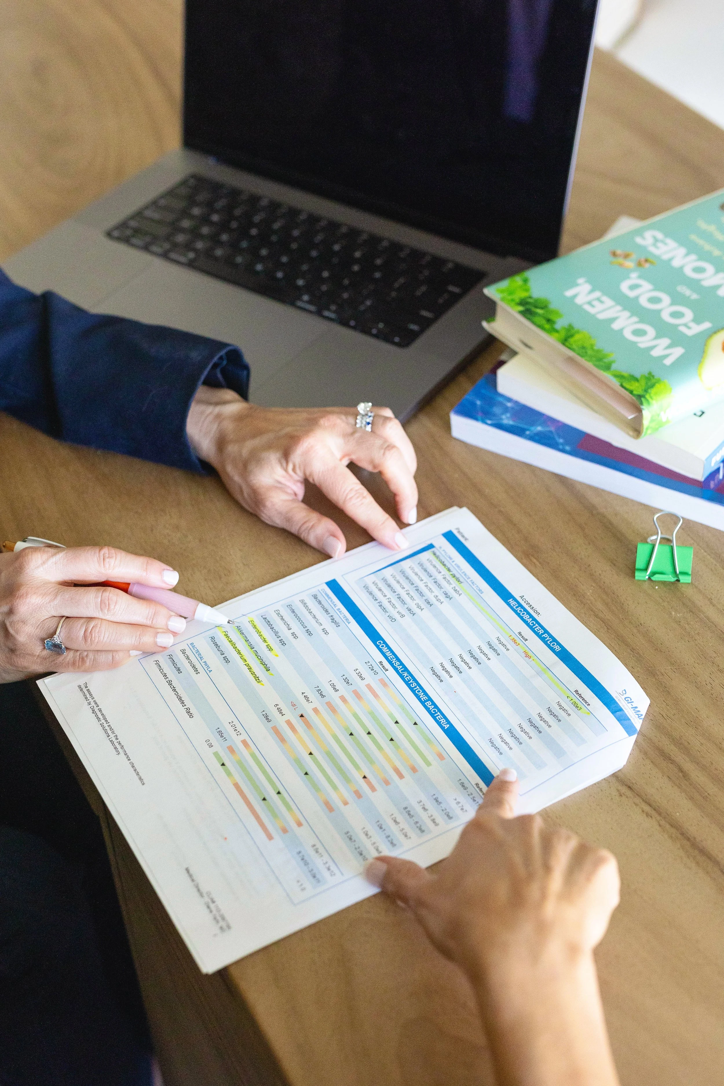 Nutritionist Alicia Weber going over blood test results with a client