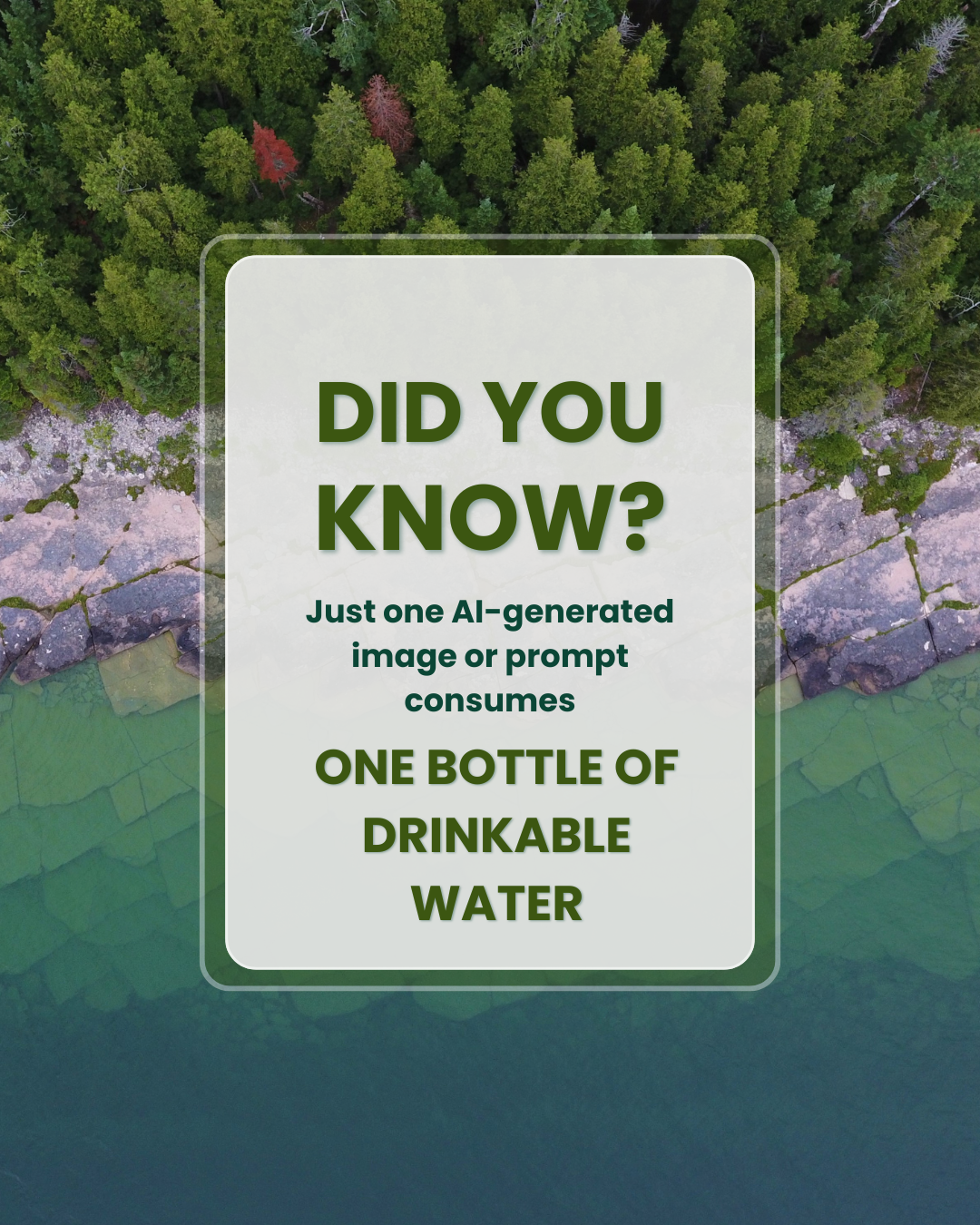 A graphic reading "Just one AI-generated image or prompt consumes one bottle of drinkable water."