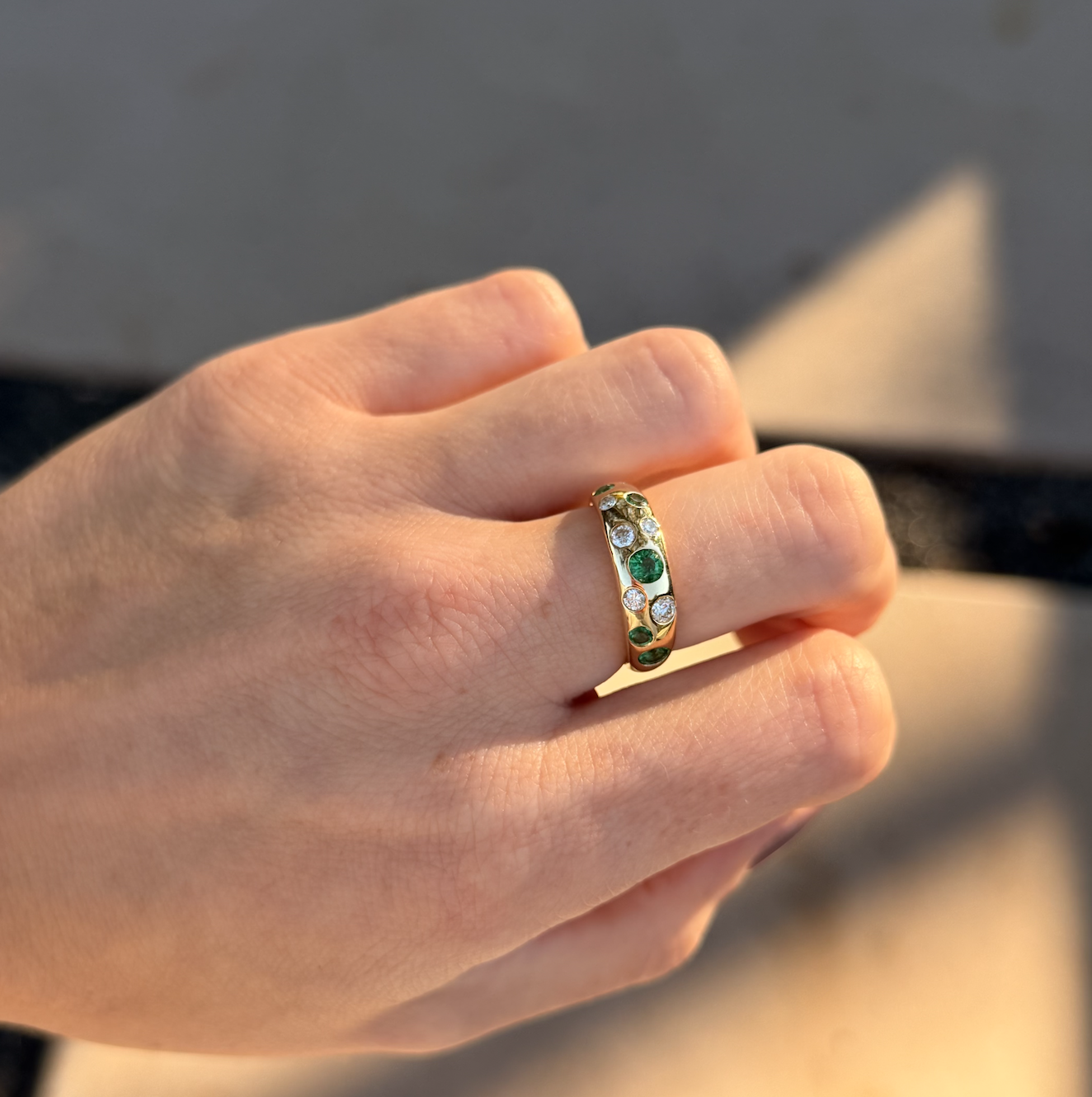 Dome Polka Dot Emerald and Diamonds Ring