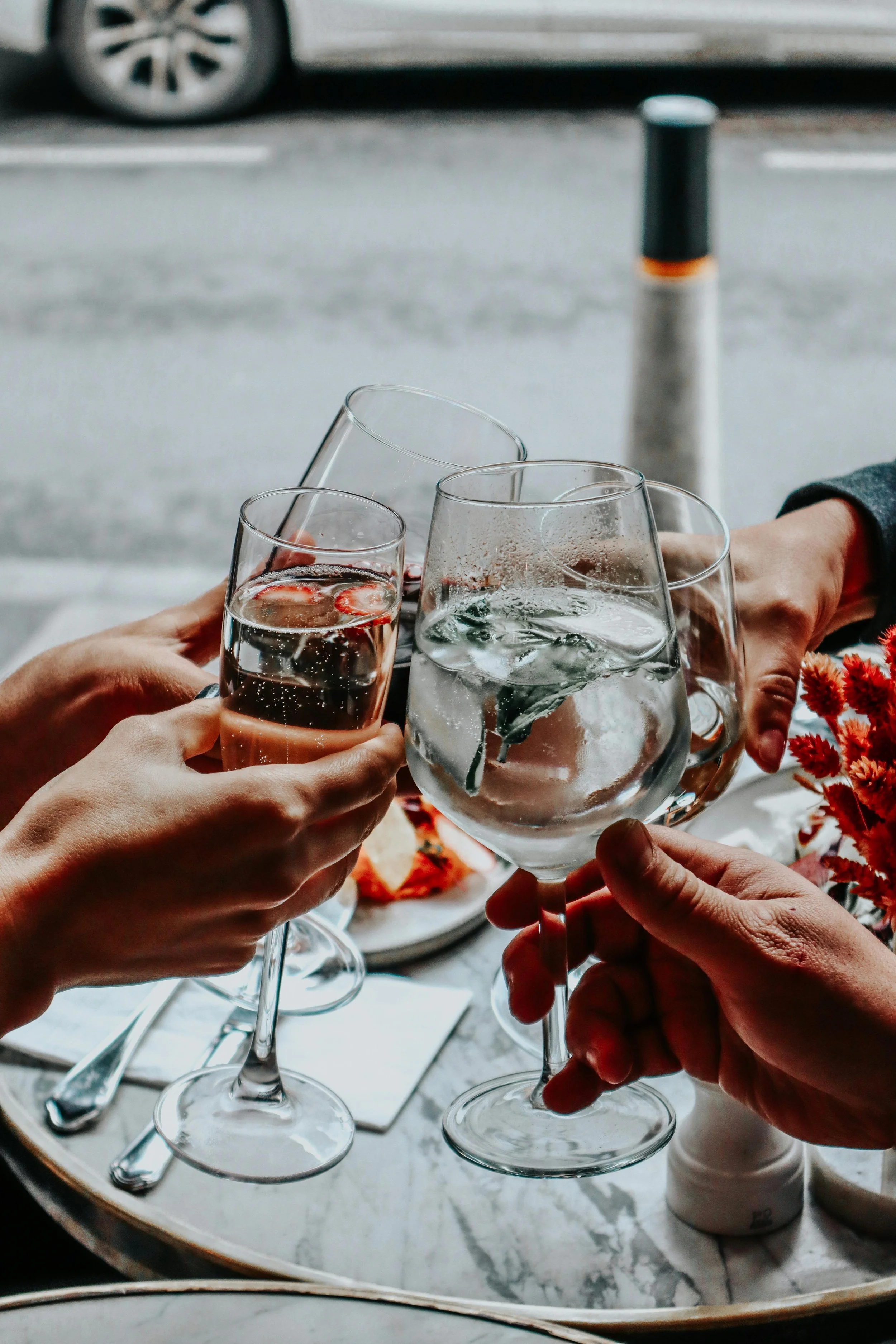 Four people clinking glasses of sparkling water and pink beverage at a table, with a plate of food and a bouquet of red flowers in the background.