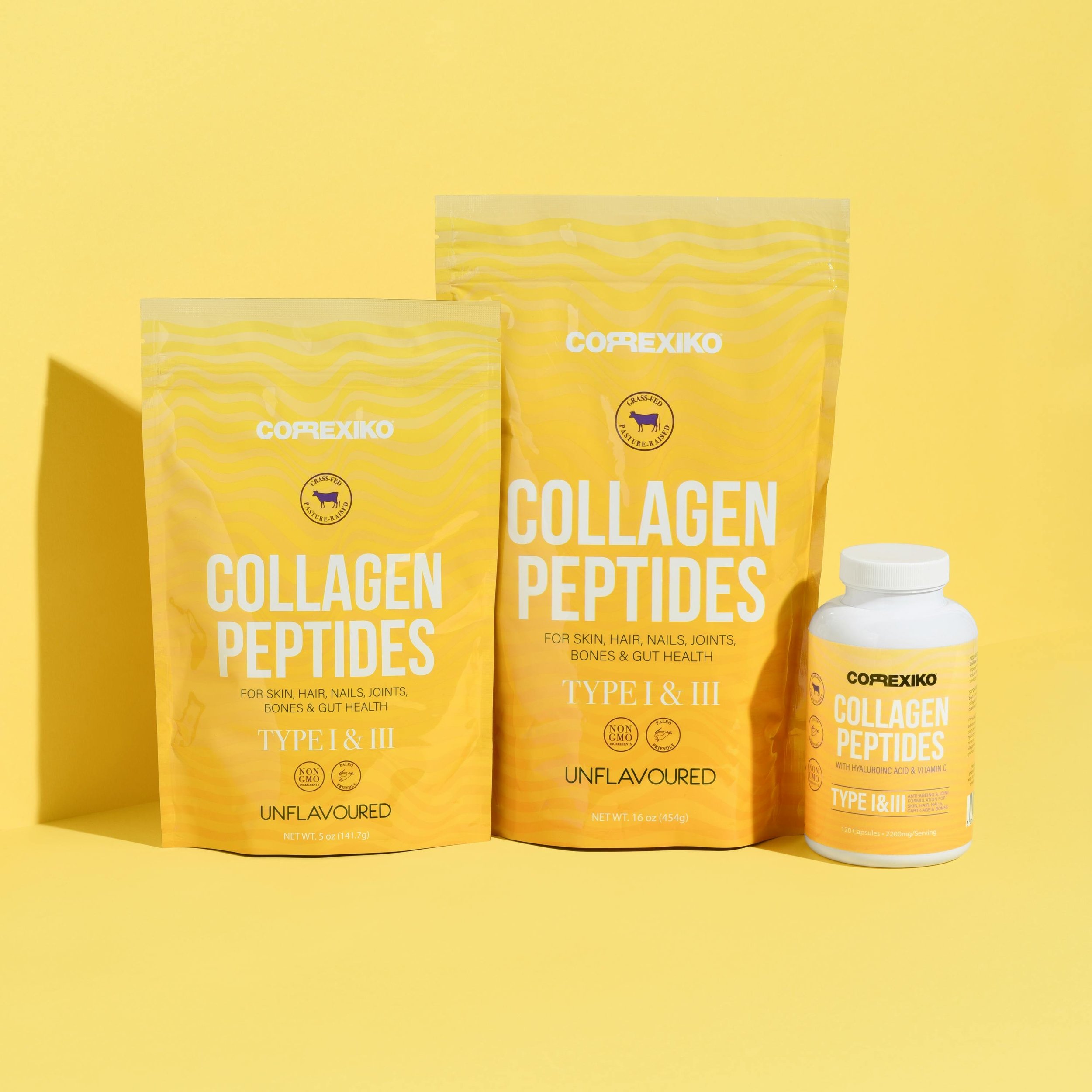 Three packages and a bottle of Corexiko collagen peptides supplement with yellow packaging, displayed against a yellow background.