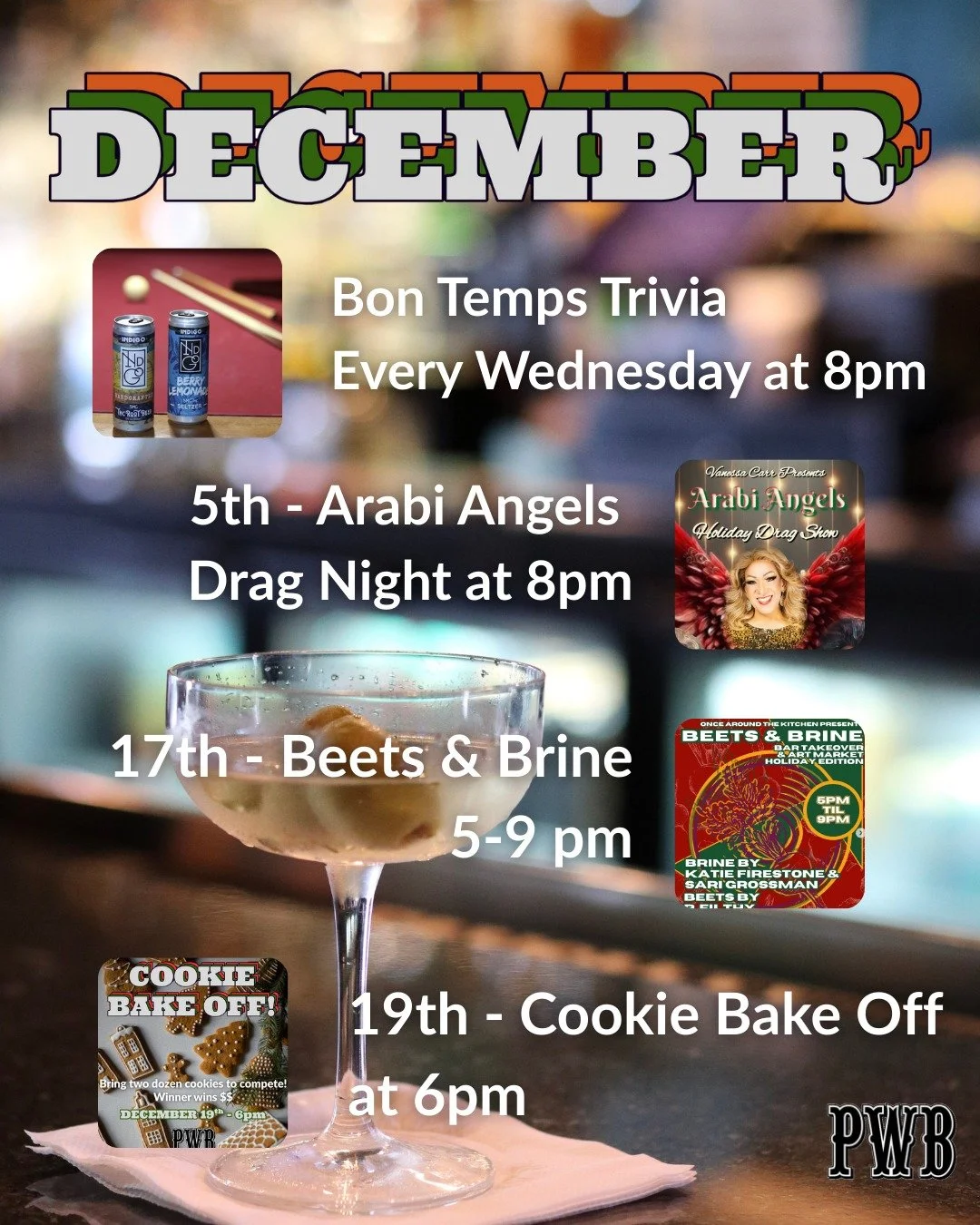 🎄Happy December to you Heaux, heaux, heaux's!🎄

🔥Come roast your chestnuts with Fireball, or however that song goes!🔥

🗓DECEMBER CALENDAR:
Every Wednesday at 8pm is @bontempstrivia 
5 - Drag Night hosted by @vanessacarrnola - 8pm
17 - Beets &amp